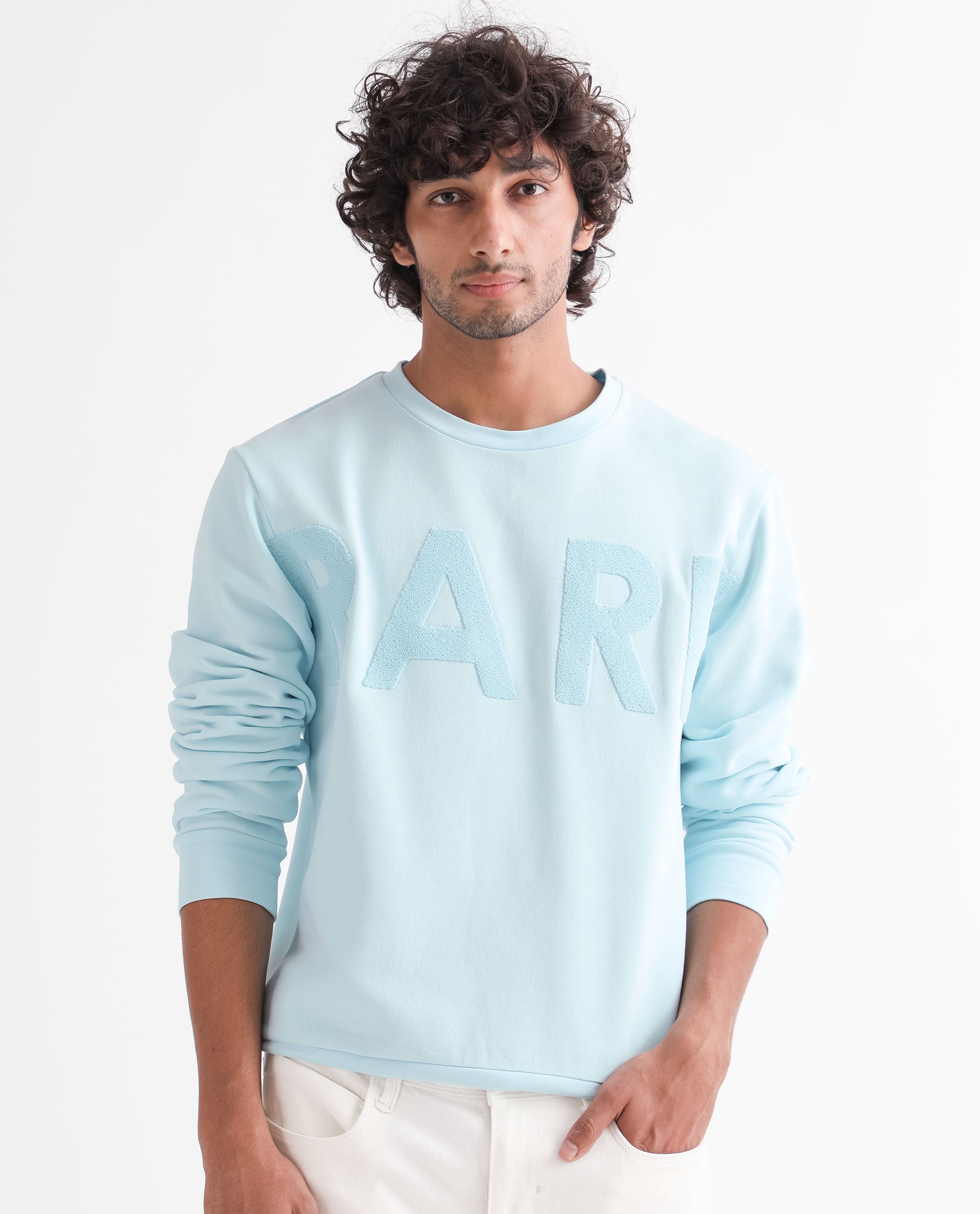 Rare Rabbit Men's Tisot Turq Cotton Polyester Fabric Full Sleeves Solid Towel Embroidery Branding Sweatshirt