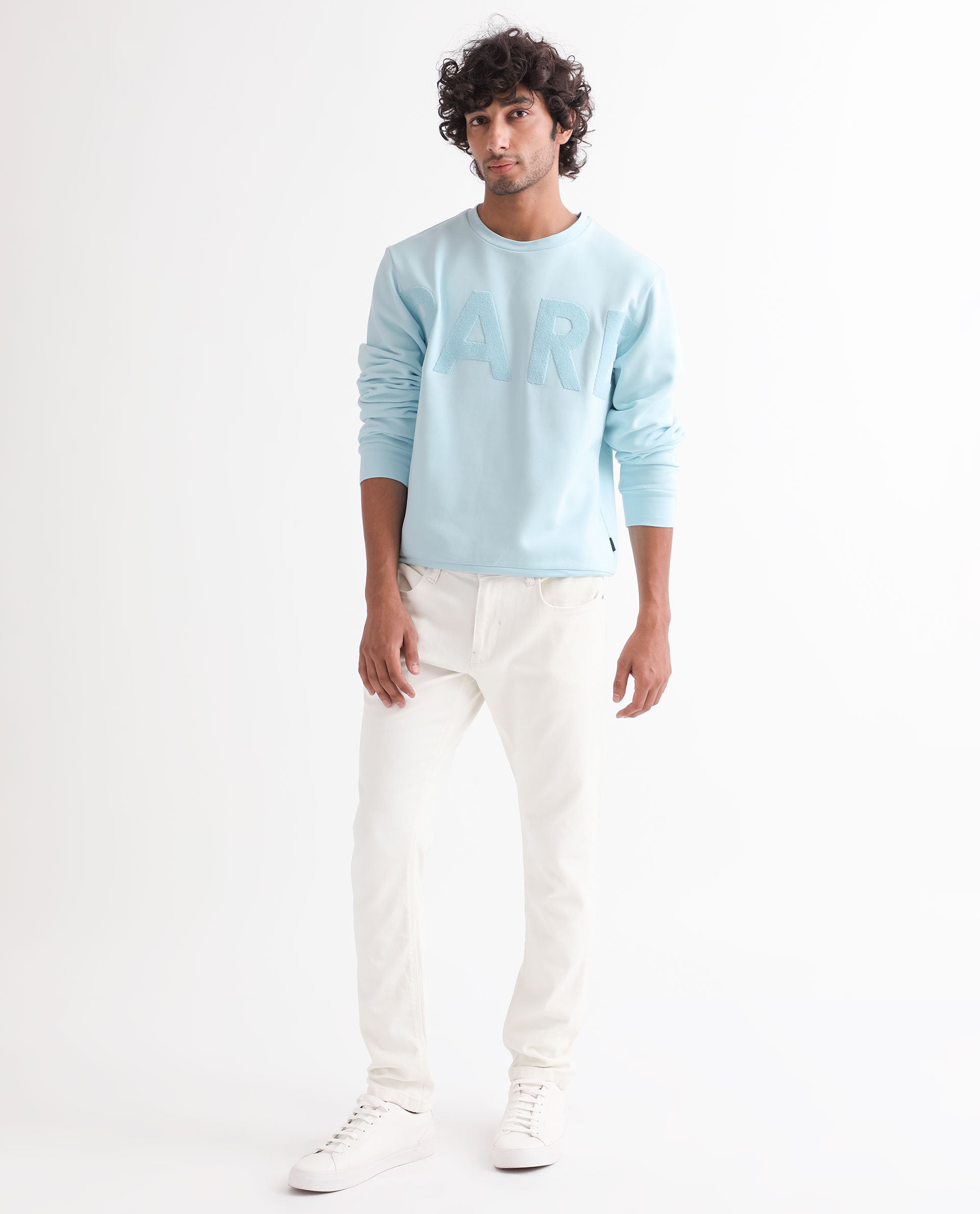 Rare Rabbit Men's Tisot Turq Cotton Polyester Fabric Full Sleeves Solid Towel Embroidery Branding Sweatshirt