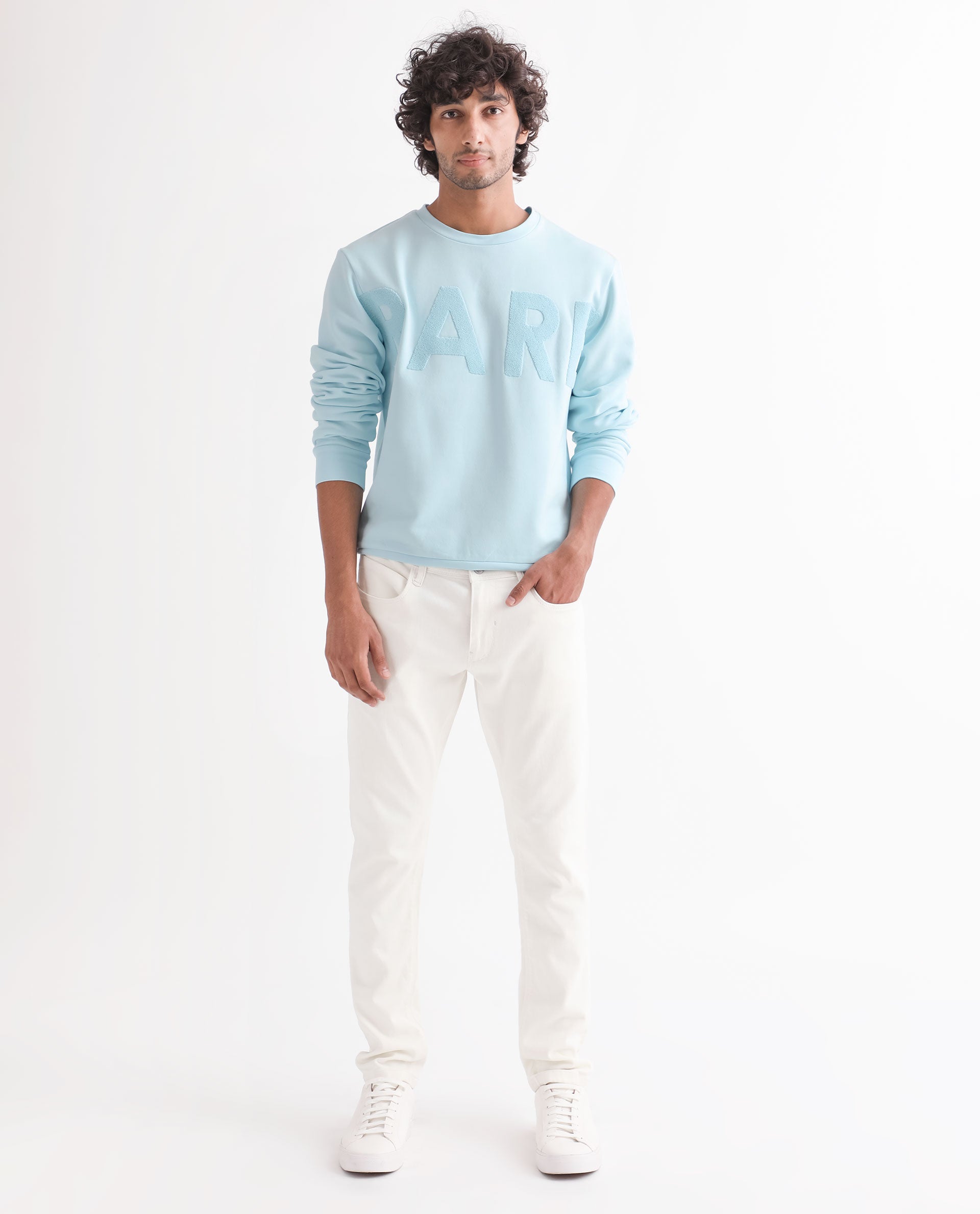 Rare Rabbit Men's Tisot Turq Cotton Polyester Fabric Full Sleeves Solid Towel Embroidery Branding Sweatshirt