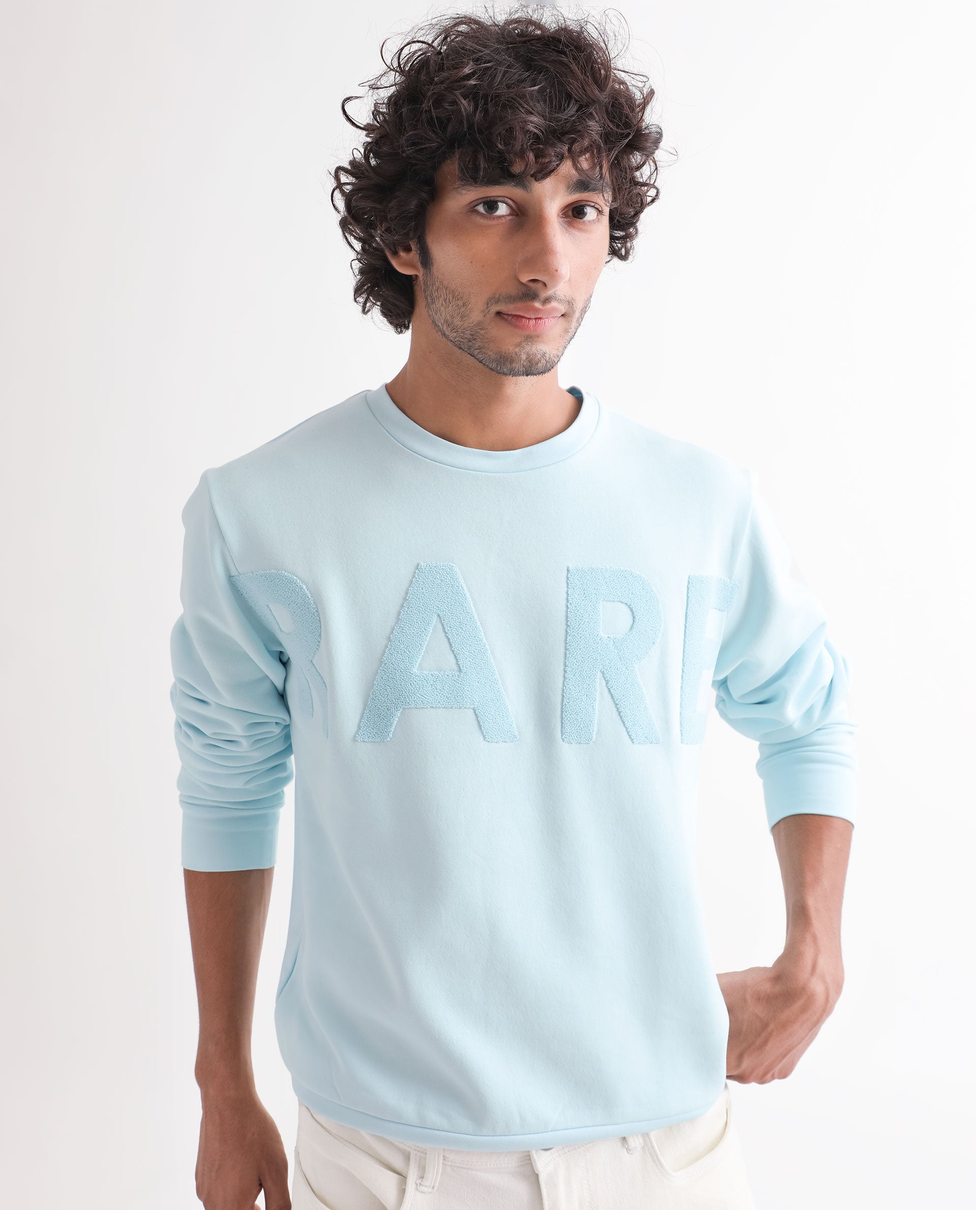 Rare Rabbit Men's Tisot Turq Cotton Polyester Fabric Full Sleeves Solid Towel Embroidery Branding Sweatshirt