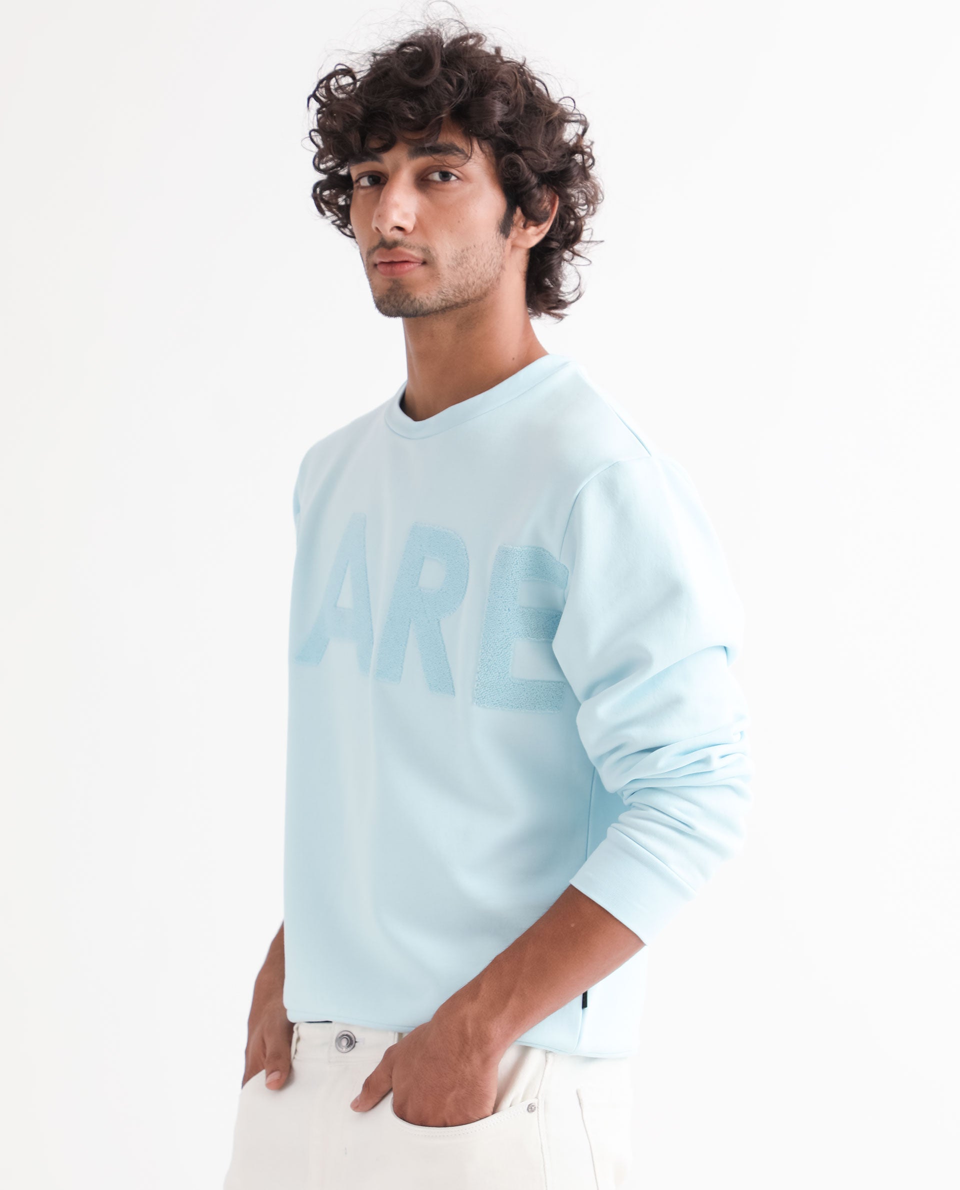 Rare Rabbit Men's Tisot Turq Cotton Polyester Fabric Full Sleeves Solid Towel Embroidery Branding Sweatshirt