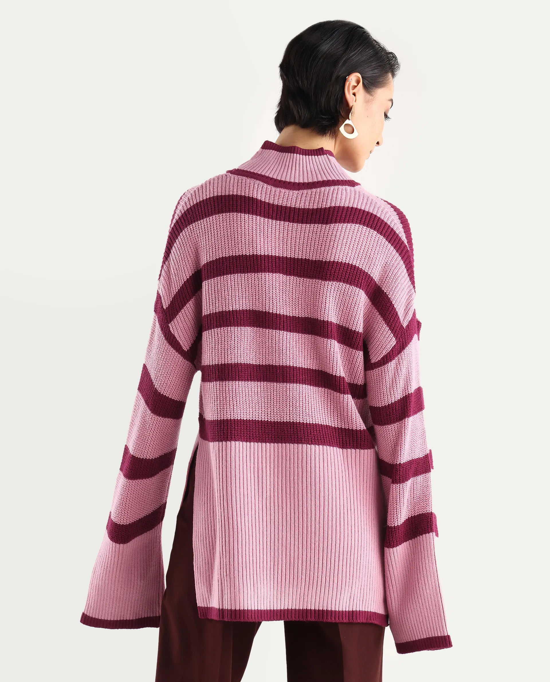 Rareism Women's Titania Pink Acrylic High Neck Striped Relaxed Fit Sweater