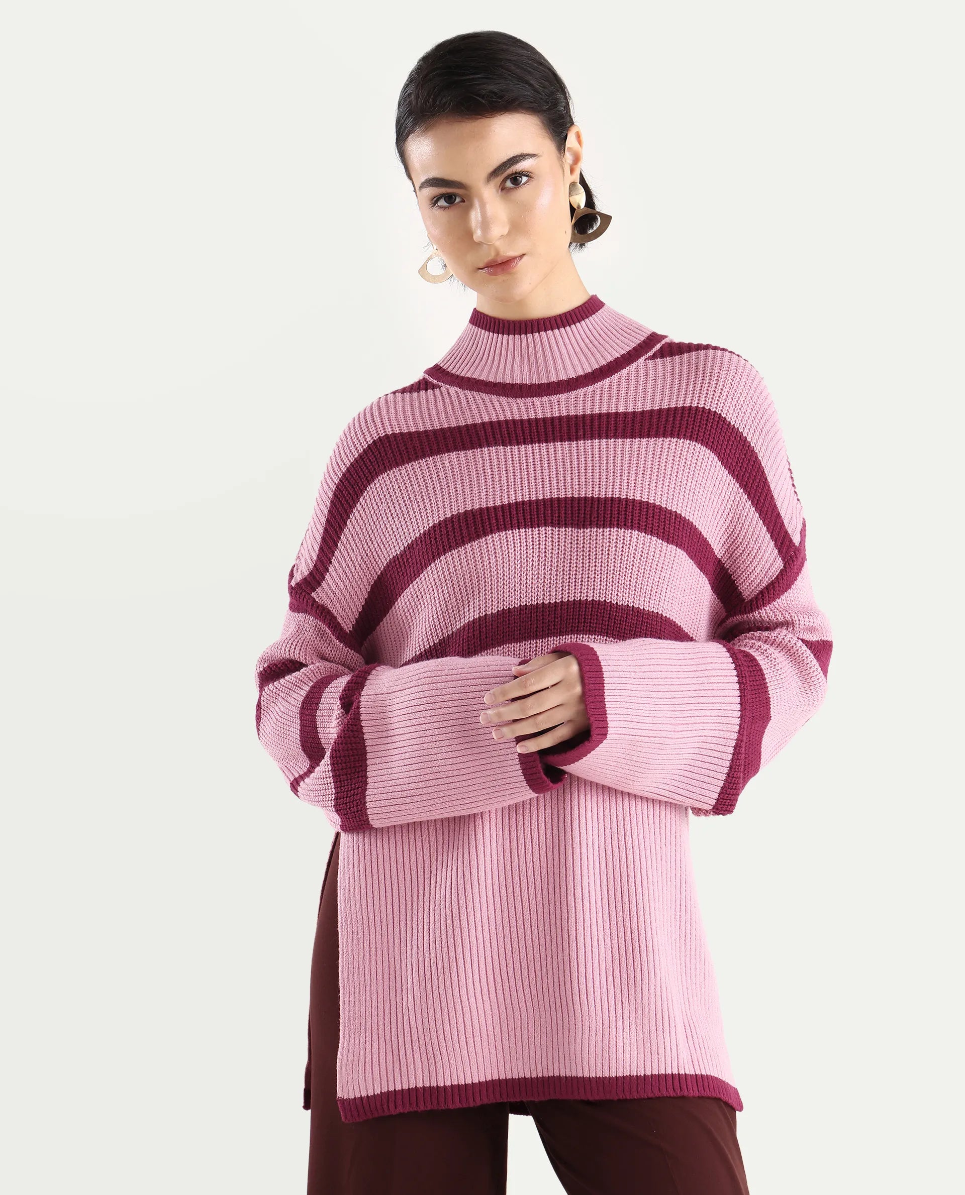 Rareism Women's Titania Pink Acrylic High Neck Striped Relaxed Fit Sweater