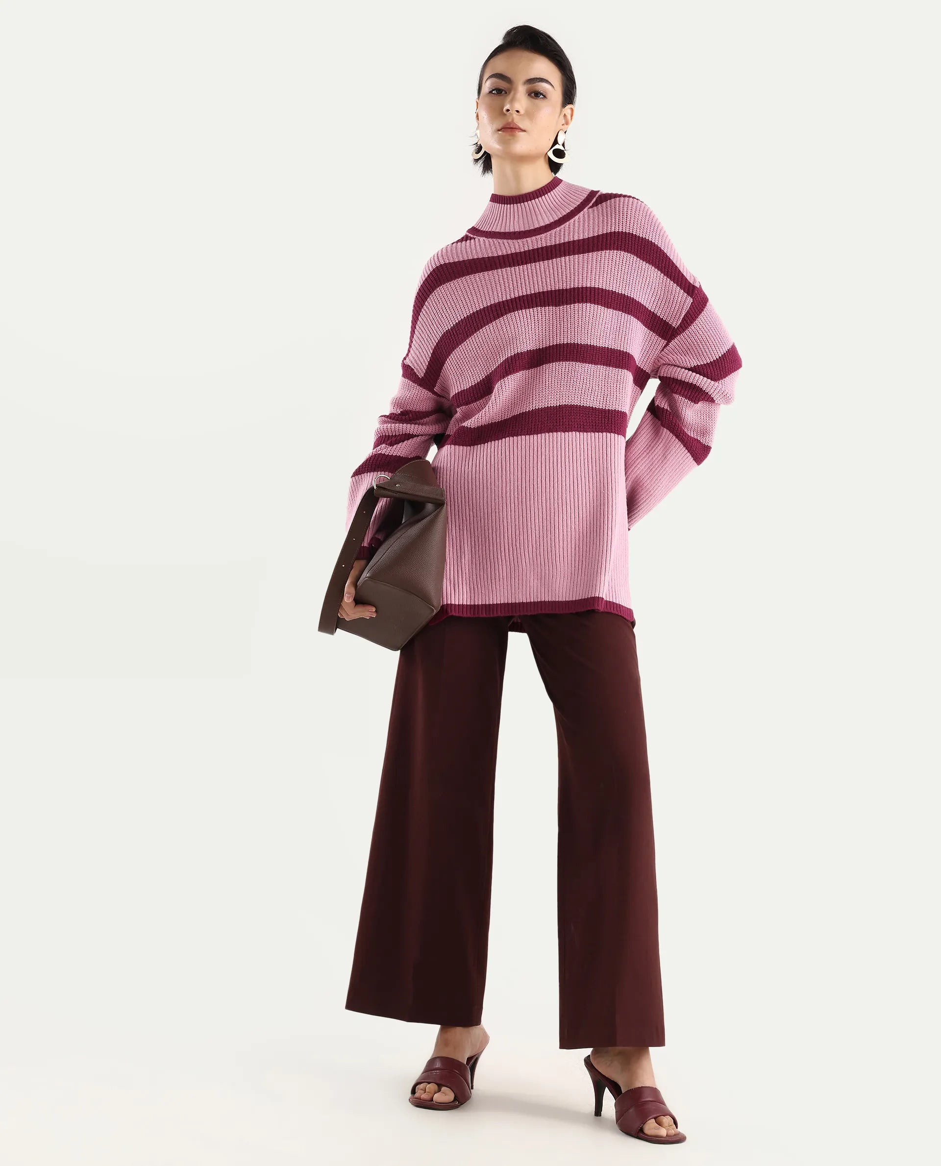 Rareism Women's Titania Pink Acrylic High Neck Striped Relaxed Fit Sweater