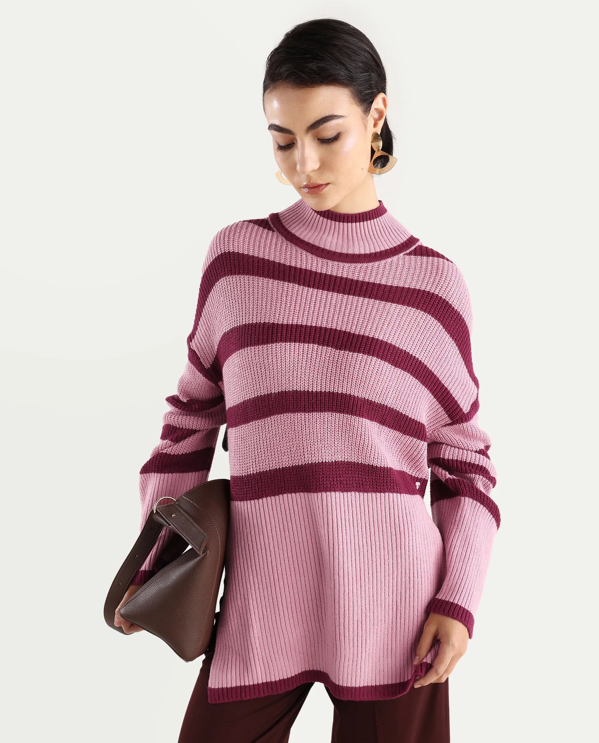 Rareism Women's Titania Pink Acrylic High Neck Striped Relaxed Fit Sweater
