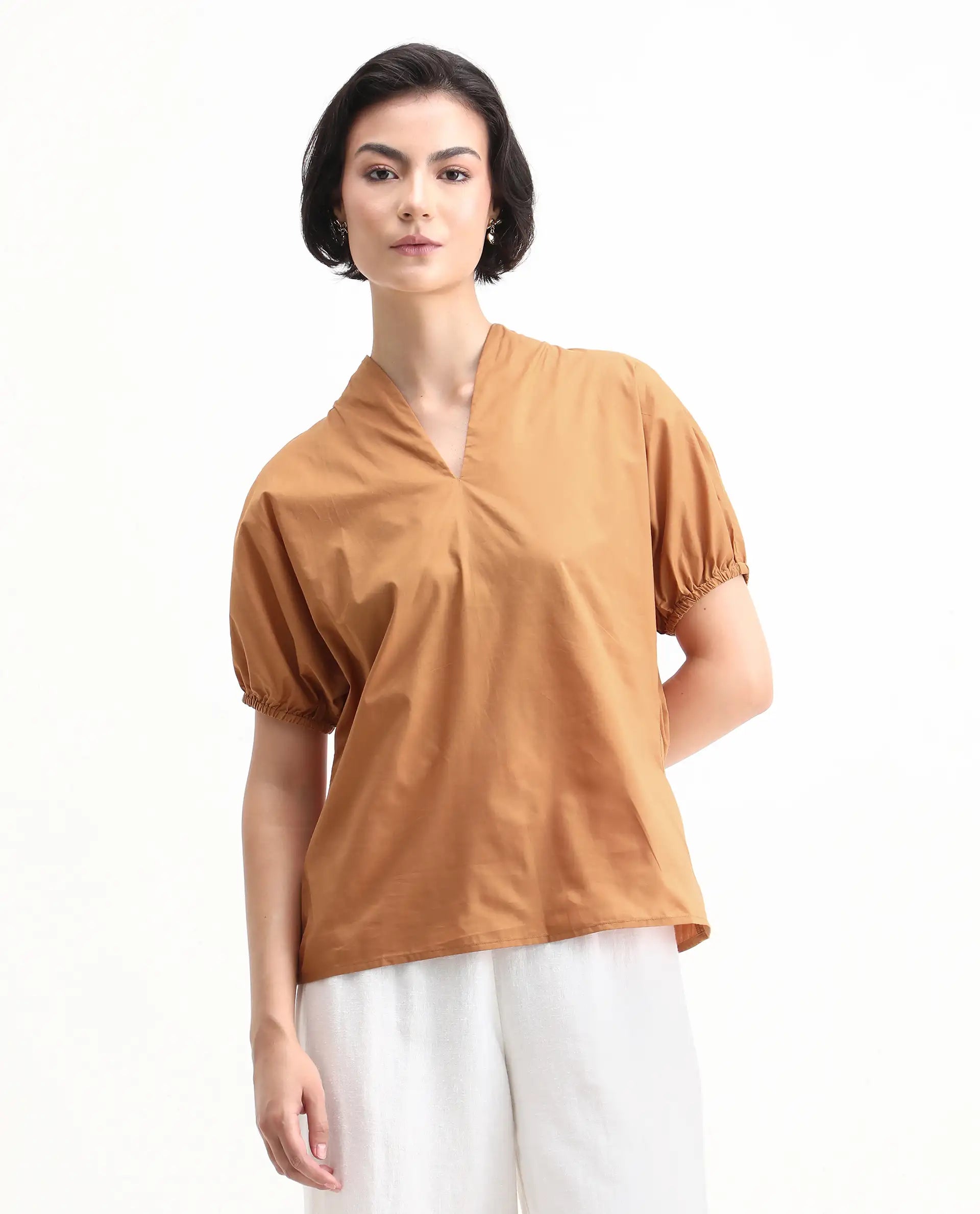 Rareism Women's Titan Light Tan Cotton V-Neck Plain Puff Sleeves Regular Fit Top
