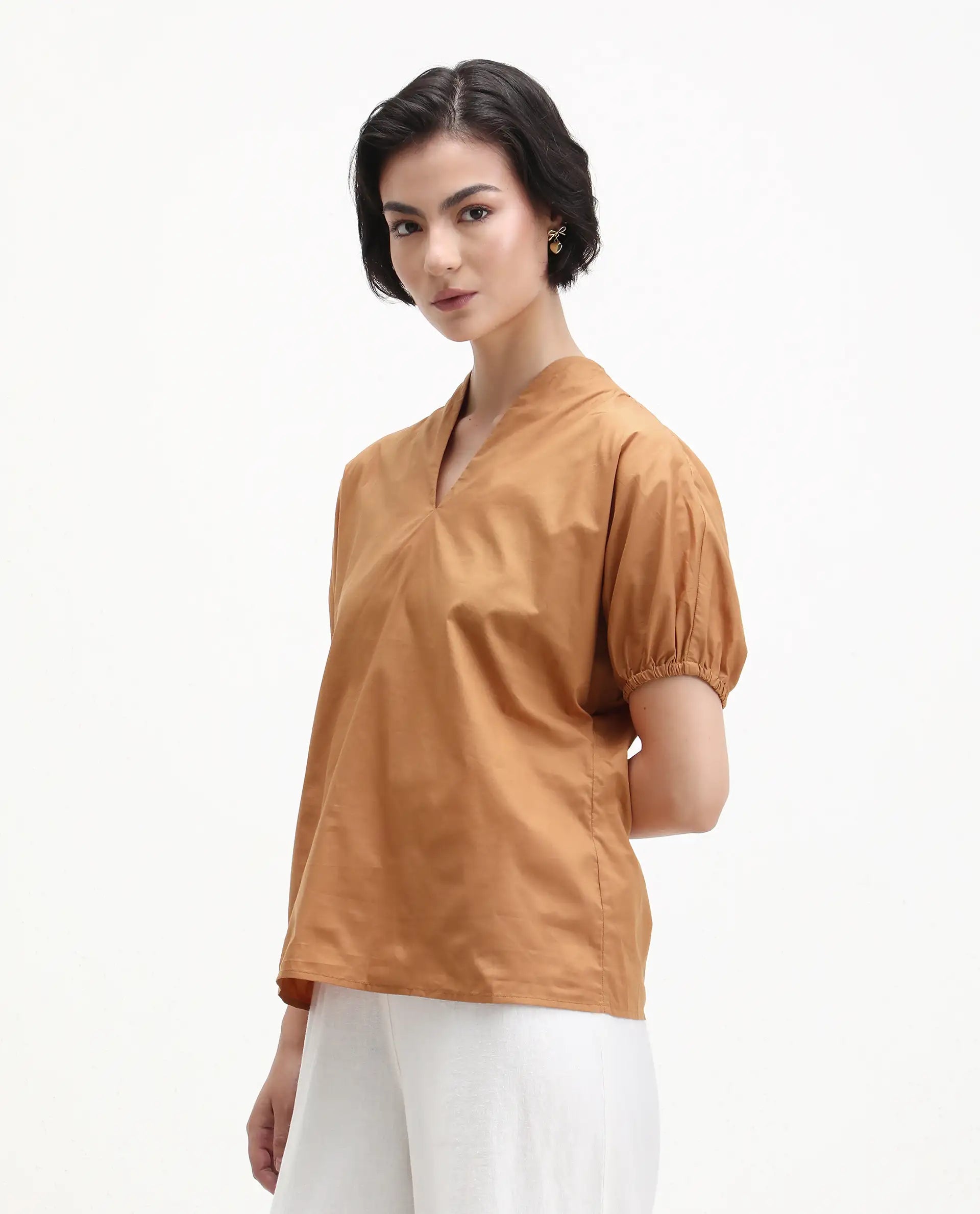 Rareism Women's Titan Light Tan Cotton V-Neck Plain Puff Sleeves Regular Fit Top