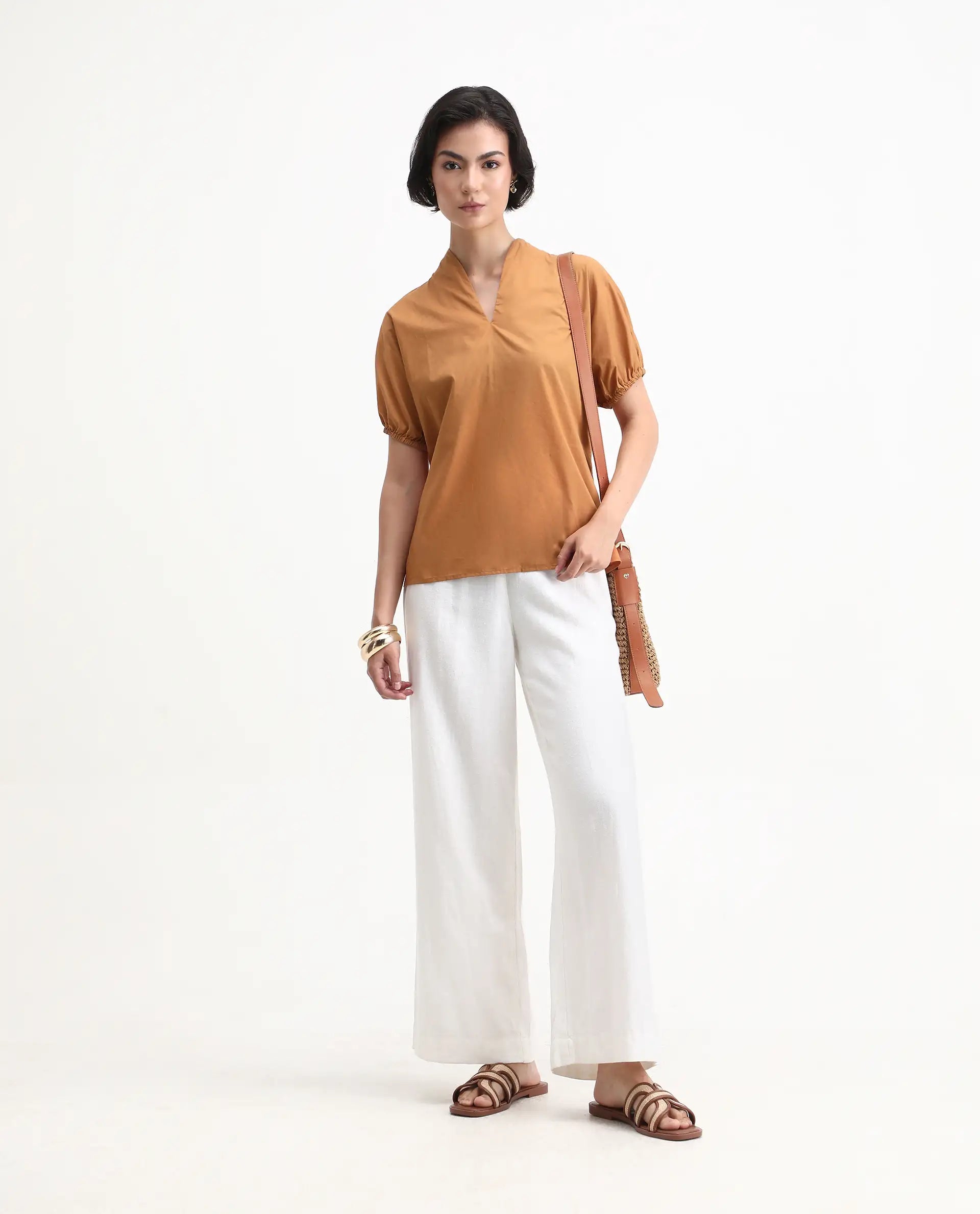 Rareism Women's Titan Light Tan Cotton V-Neck Plain Puff Sleeves Regular Fit Top