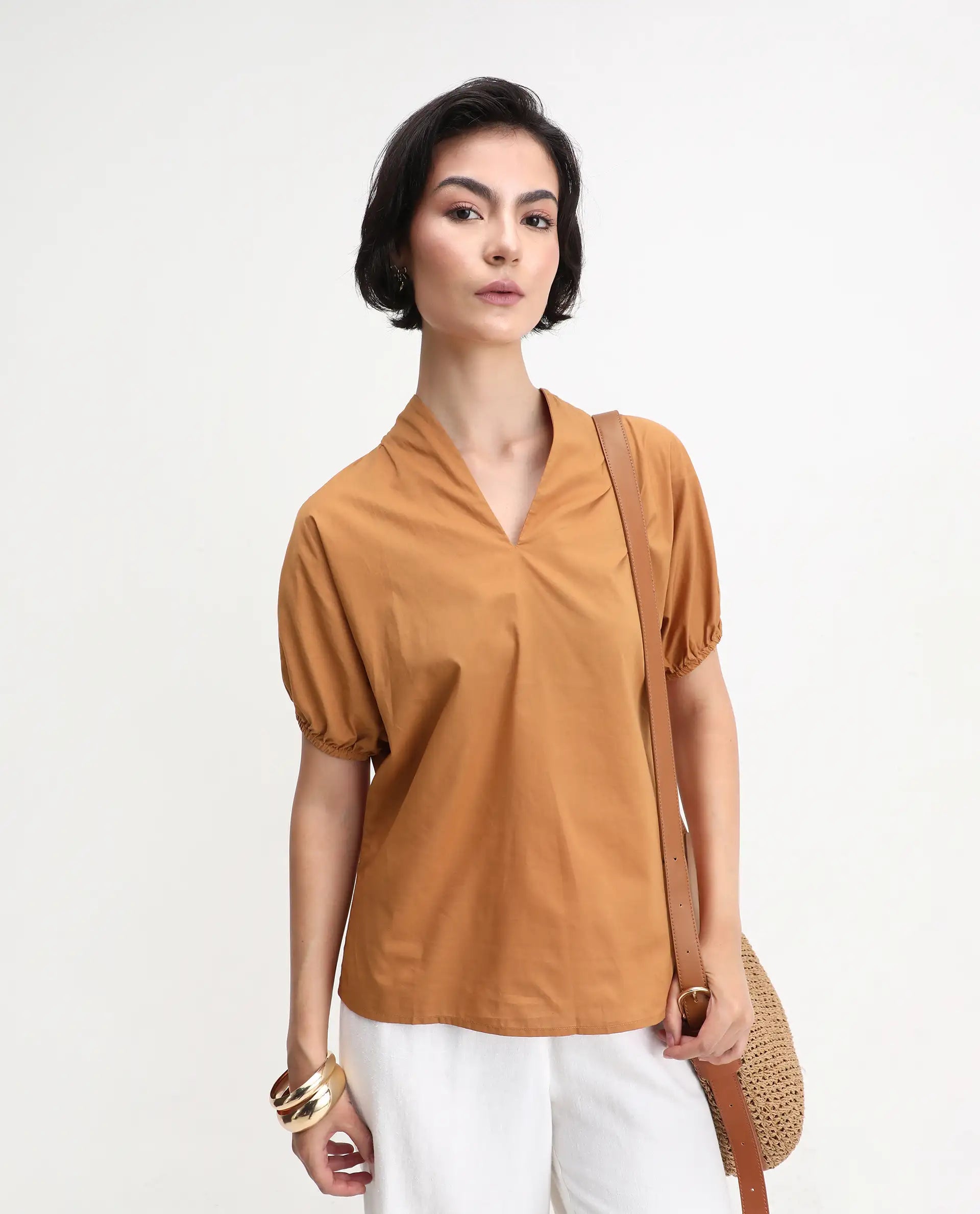 Rareism Women's Titan Light Tan Cotton V-Neck Plain Puff Sleeves Regular Fit Top