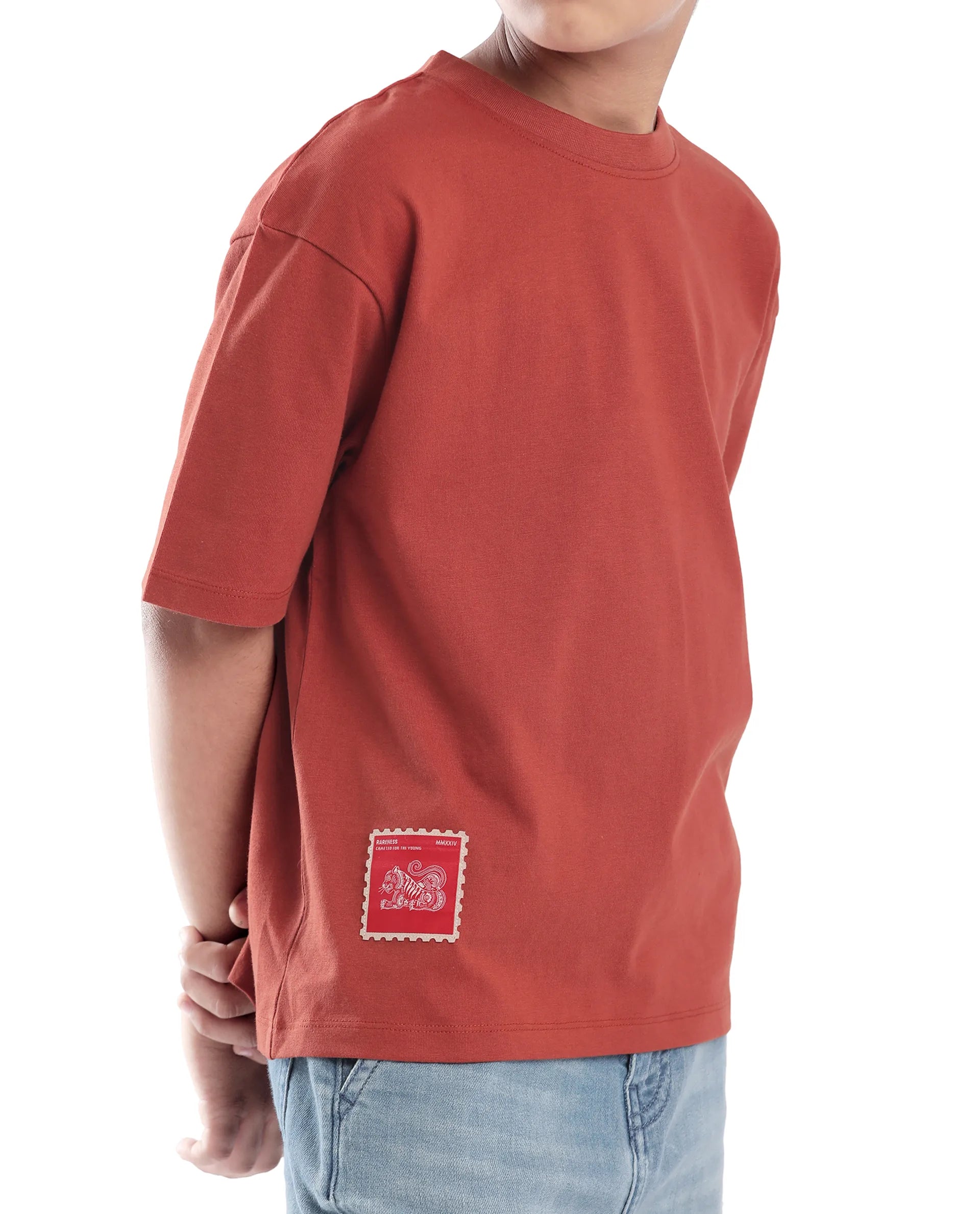 Rare Ones Kids Tiy Rust Cotton Graphic Print Slip-On Oversized Fit T-Shirt