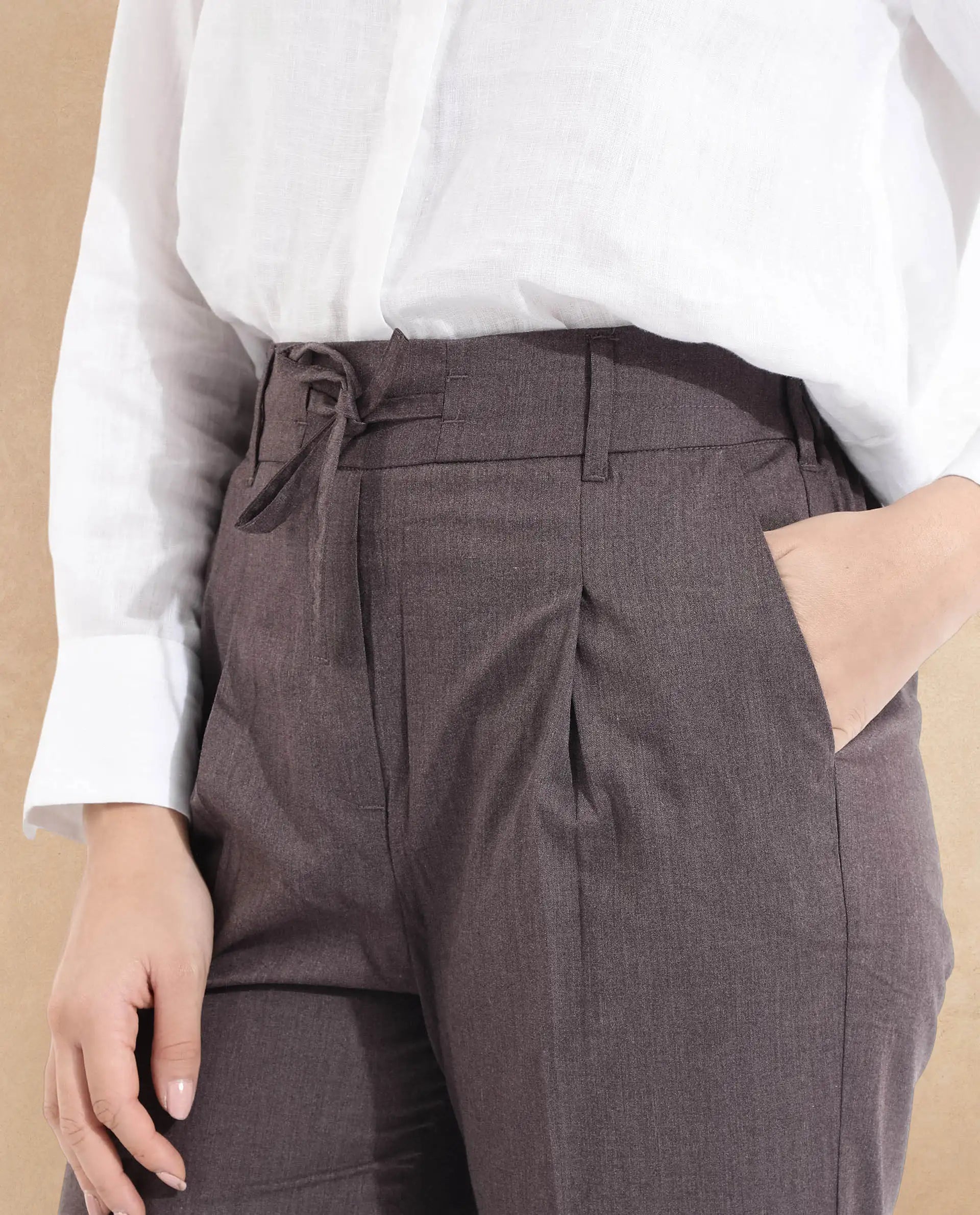 Rareism Women Tiza Brown Tie-Up Closure Straight Fit Ankle Length Plain Trouser