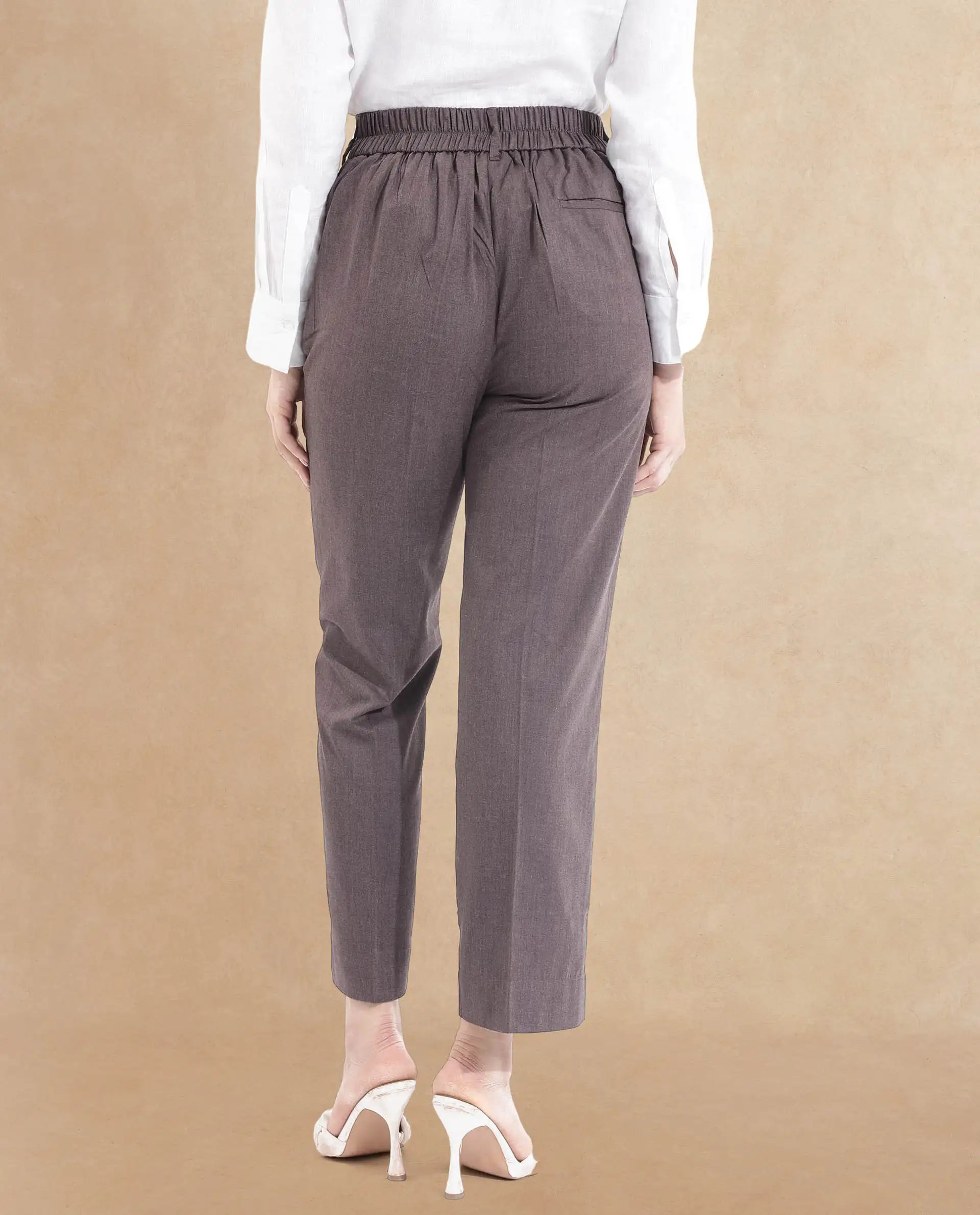 Rareism Women Tiza Brown Tie-Up Closure Straight Fit Ankle Length Plain Trouser