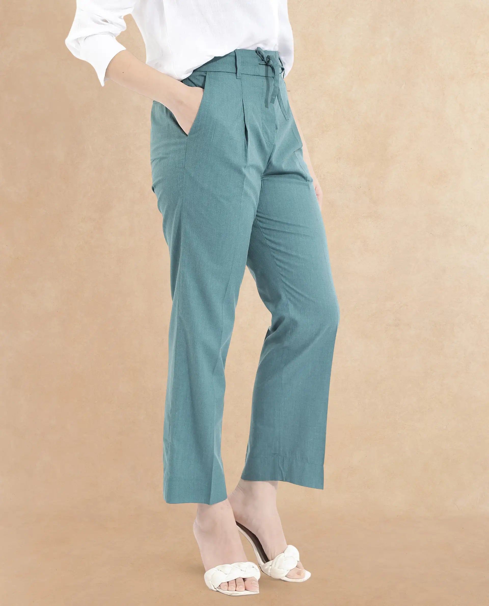 Rareism Women Tiza Green Tie-Up Closure Straight Fit Ankle Length Plain Trouser