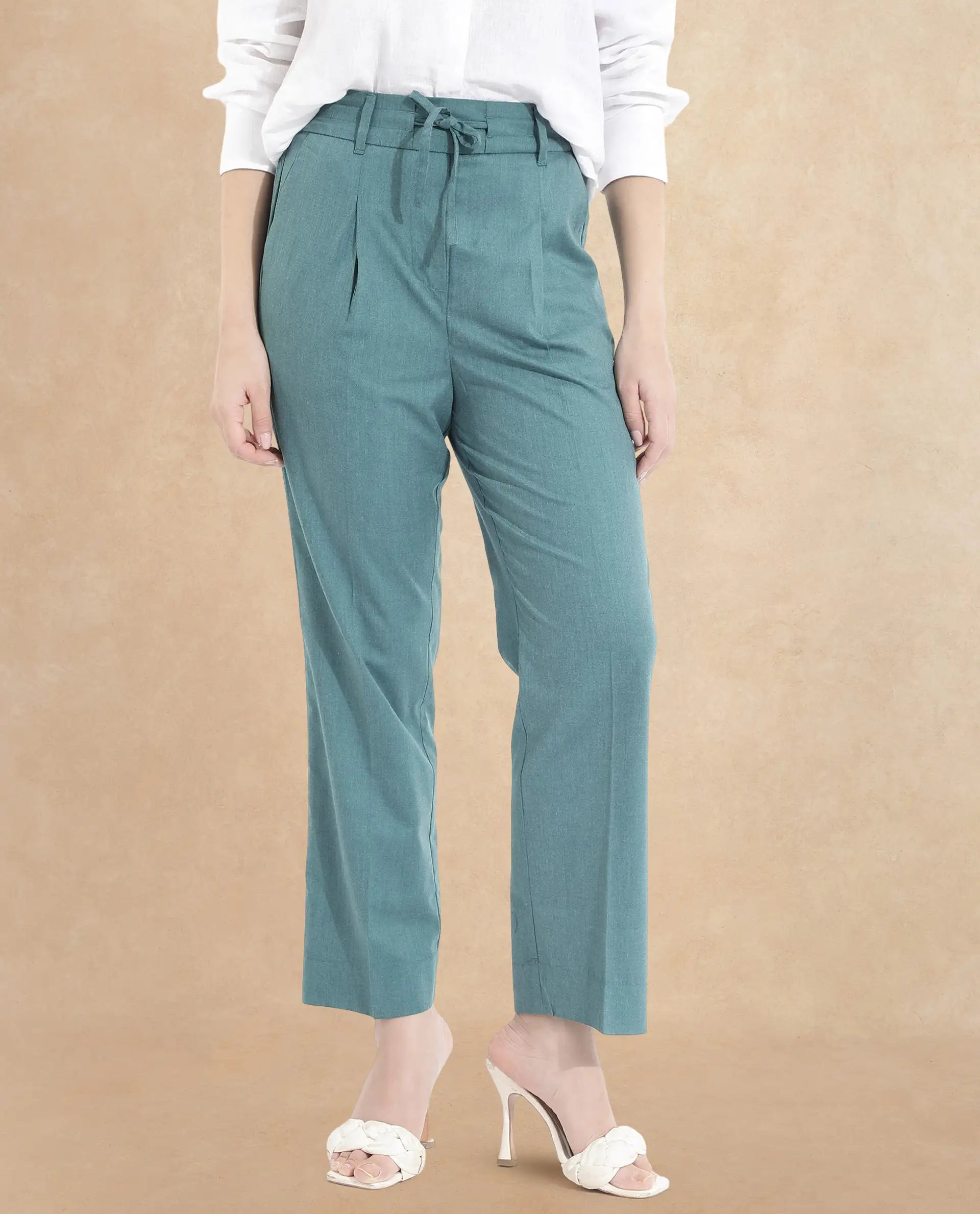 Rareism Women Tiza Green Tie-Up Closure Straight Fit Ankle Length Plain Trouser