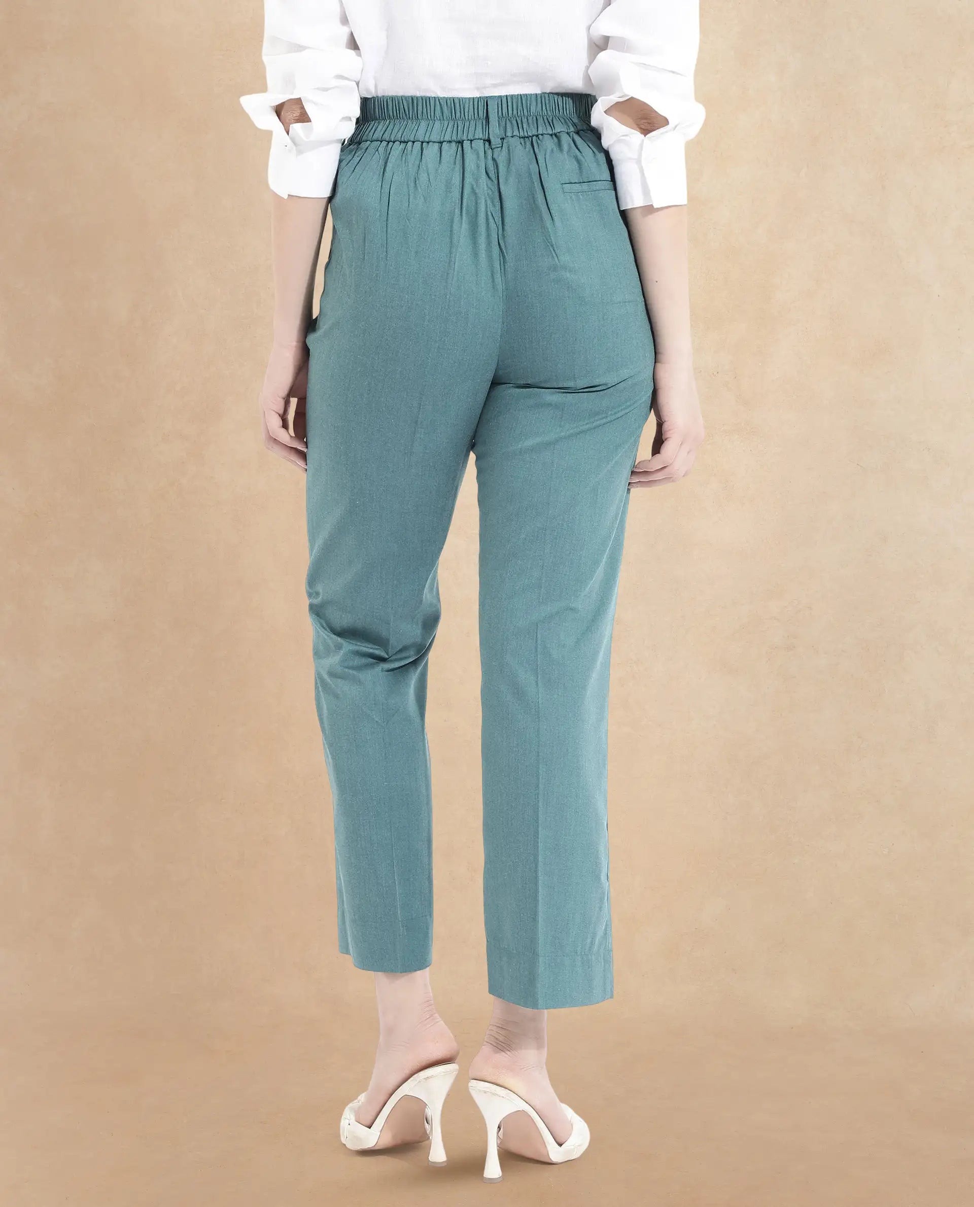 Rareism Women Tiza Green Tie-Up Closure Straight Fit Ankle Length Plain Trouser