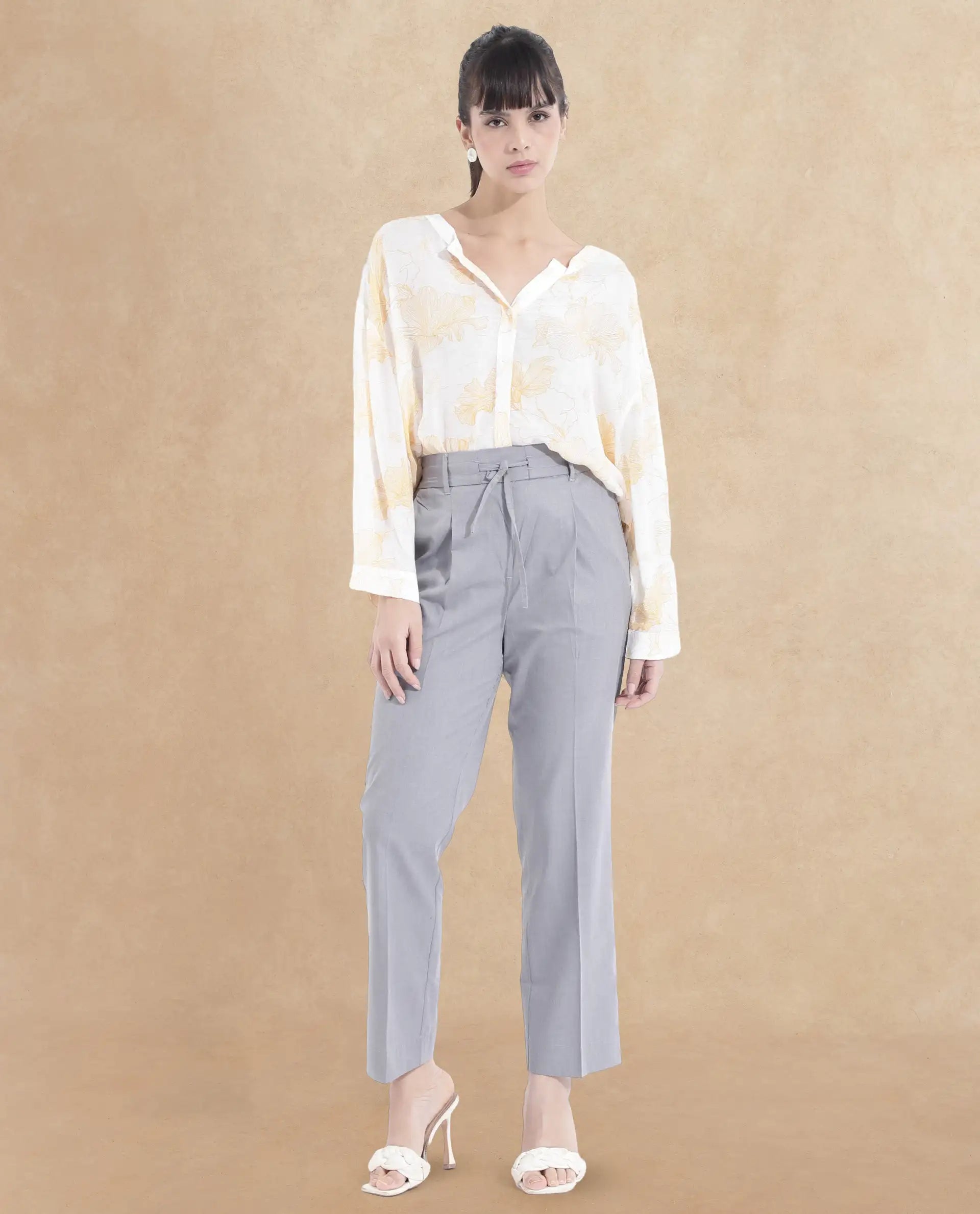 Rareism Women Tiza Grey Tie-Up Closure Straight Fit Ankle Length Plain Trouser