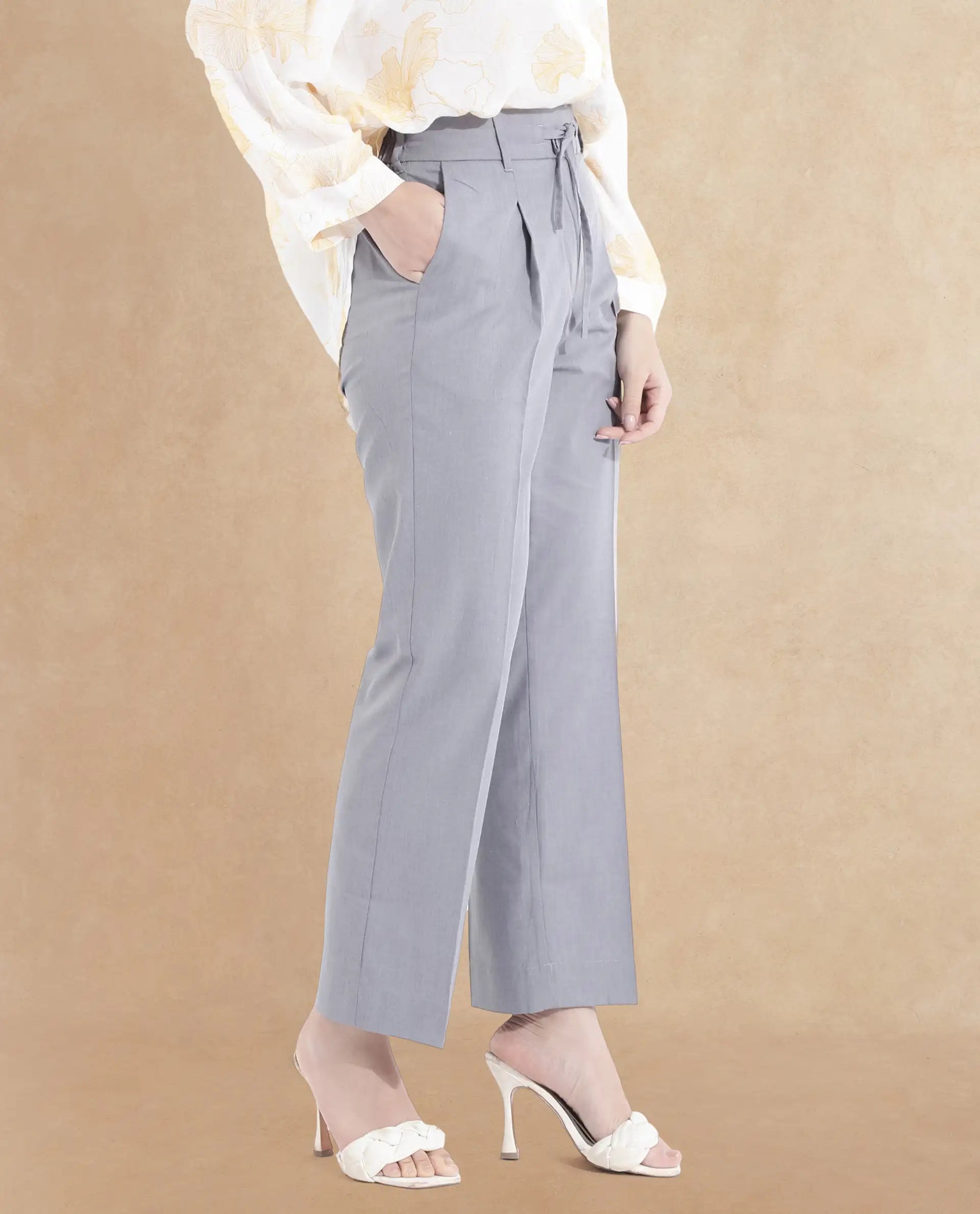 Rareism Women Tiza Grey Tie-Up Closure Straight Fit Ankle Length Plain Trouser