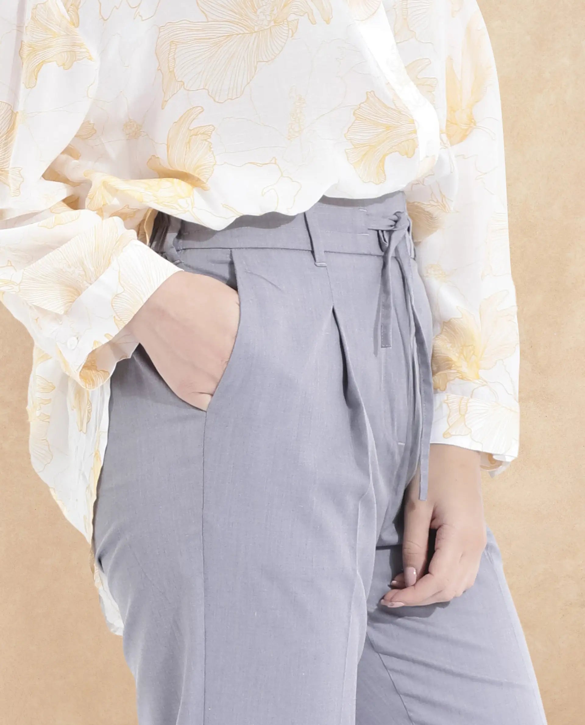 Rareism Women Tiza Grey Tie-Up Closure Straight Fit Ankle Length Plain Trouser