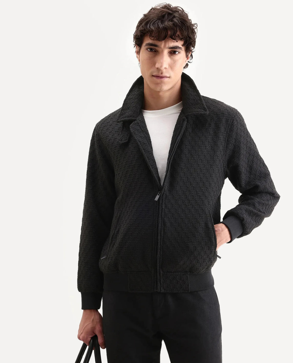 Rare Rabbit Men's Tizol Black Cotton Blend Fabric High Neck Regular Fit Textured Jacket
