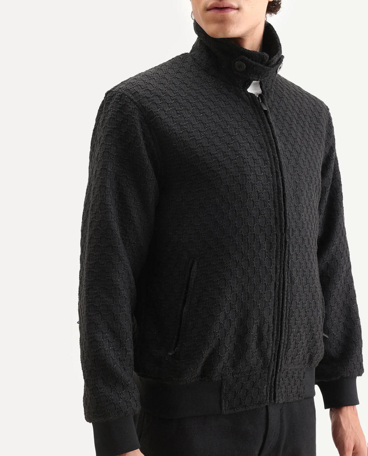 Rare Rabbit Men's Tizol Black Cotton Blend Fabric High Neck Regular Fit Textured Jacket