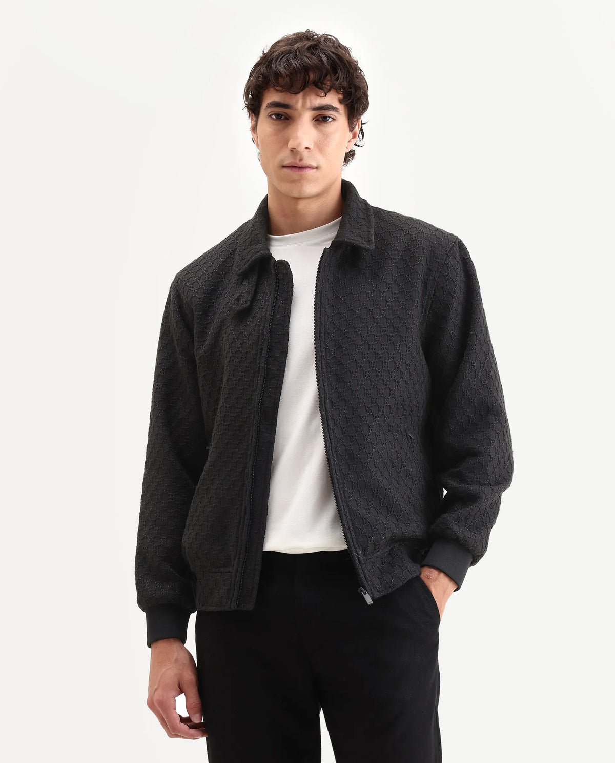 Rare Rabbit Men's Tizol Black Cotton Blend Fabric High Neck Regular Fit Textured Jacket
