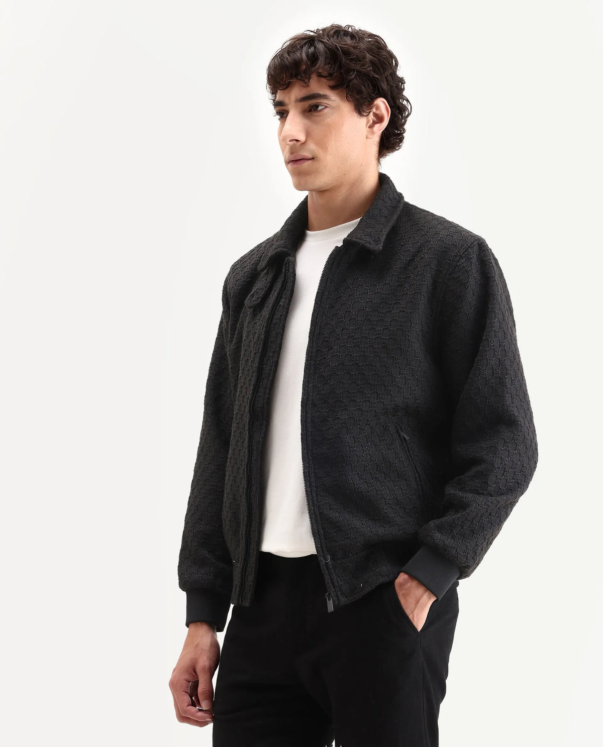 Rare Rabbit Men's Tizol Black Cotton Blend Fabric High Neck Regular Fit Textured Jacket
