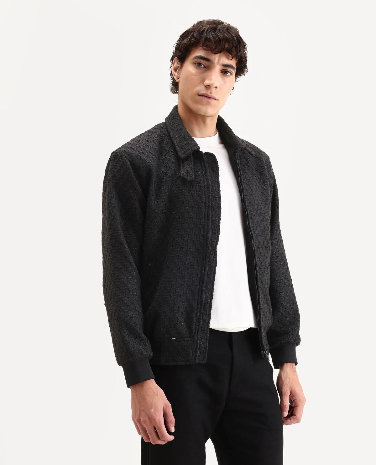 Rare Rabbit Men's Tizol Black Cotton Blend Fabric High Neck Regular Fit Textured Jacket