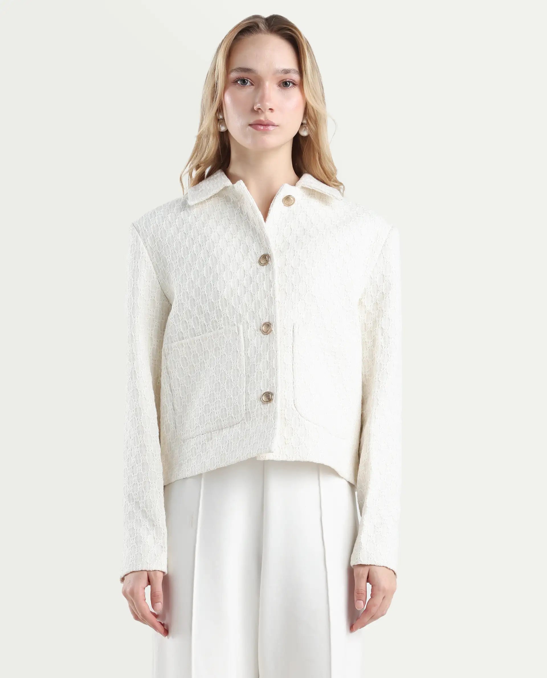 Rareism Women's Tizol-W Off White Cotton Blend Spread Collar Regular Fit Jacket