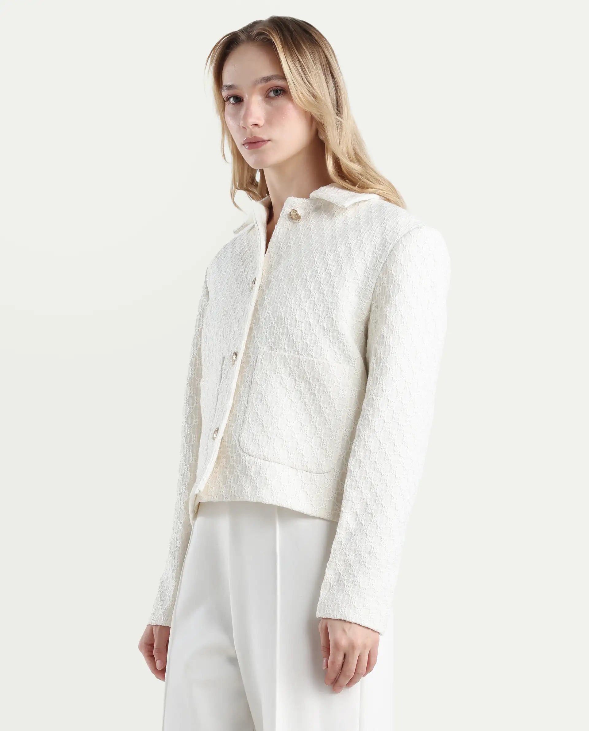 Rareism Women's Tizol-W Off White Cotton Blend Spread Collar Regular Fit Jacket