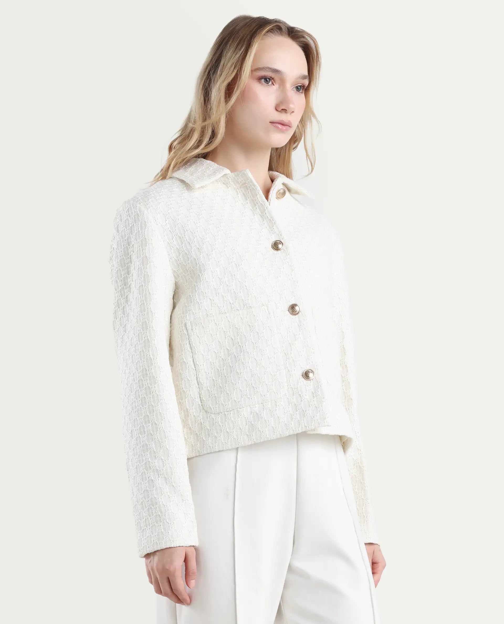 Rareism Women's Tizol-W Off White Cotton Blend Spread Collar Regular Fit Jacket
