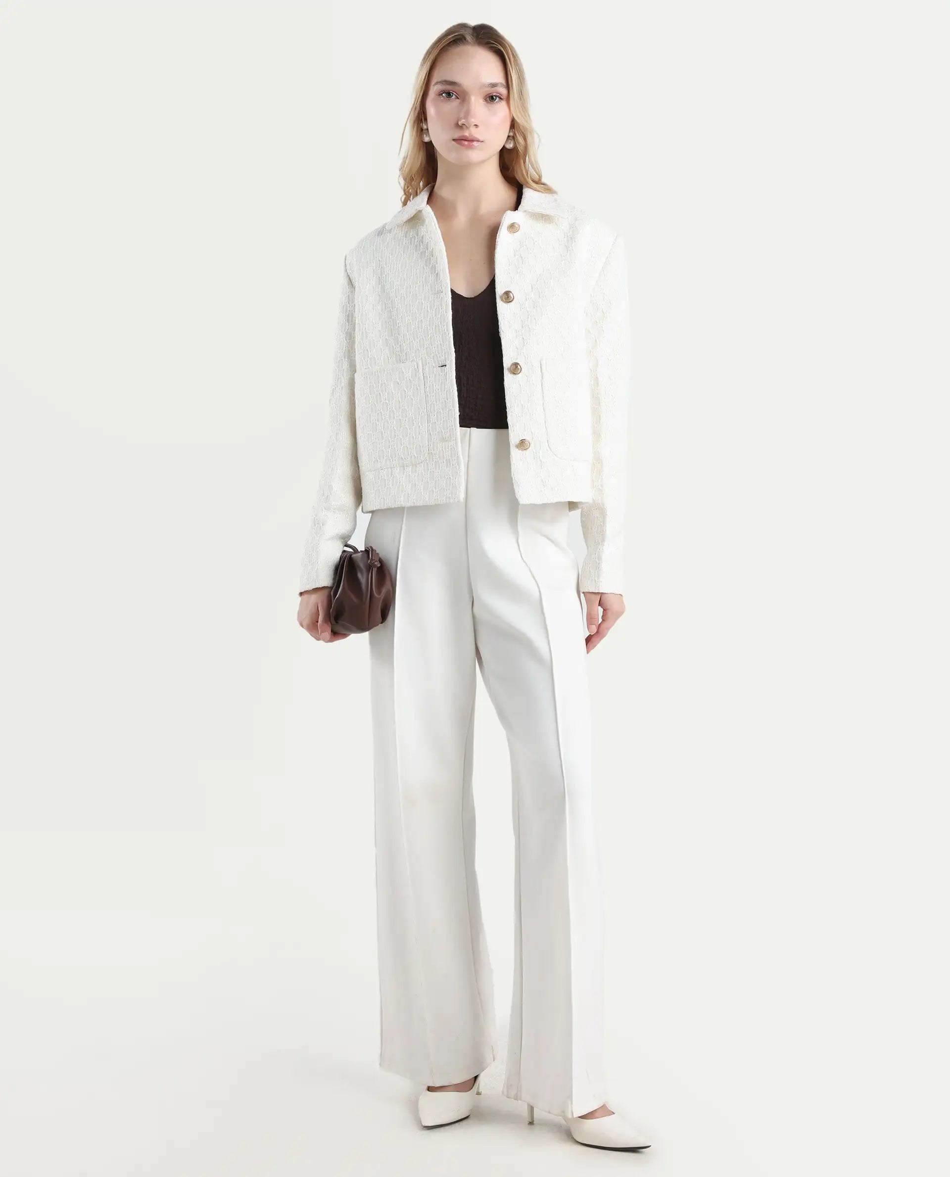 Rareism Women's Tizol-W Off White Cotton Blend Spread Collar Regular Fit Jacket