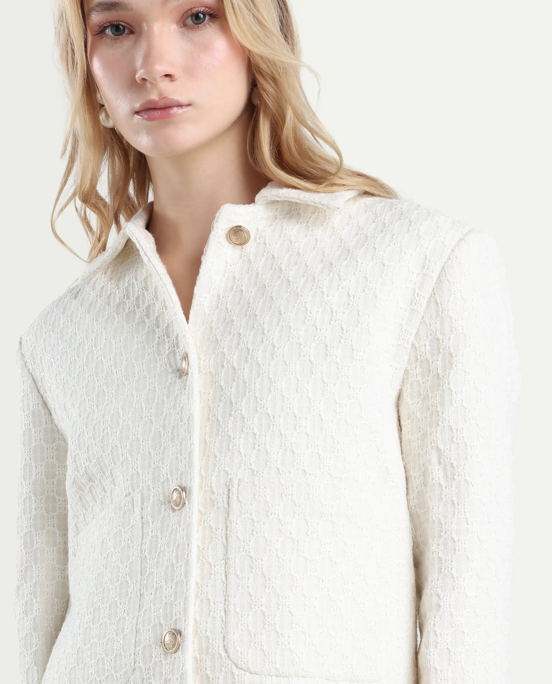 Rareism Women's Tizol-W Off White Cotton Blend Spread Collar Regular Fit Jacket