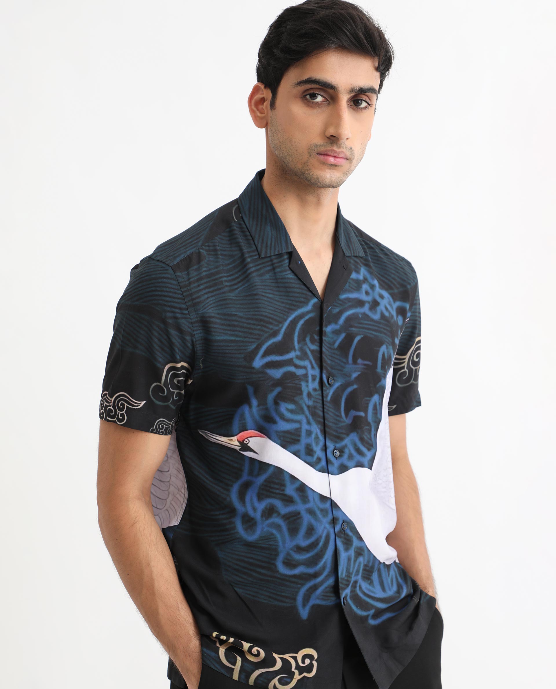 Rare Rabbit Men's Tobal Navy Cuban Collar Half Sleeves Animal Printed Shirt