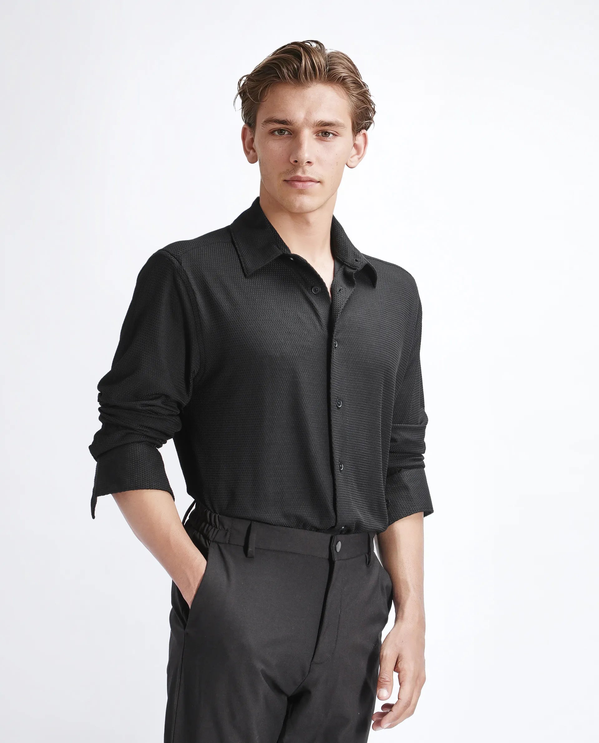 Rare Rabbit Men's Tobbit Black Cotton Textured Regular Fit Full Sleeve Collared Shirt