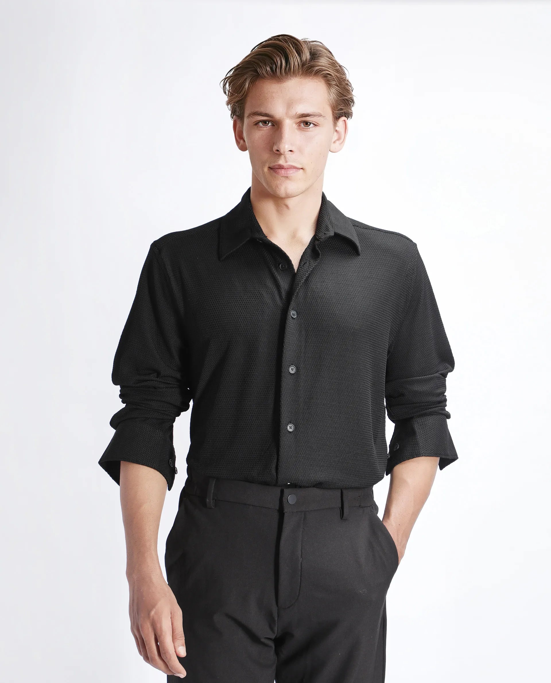 Rare Rabbit Men's Tobbit Black Cotton Textured Regular Fit Full Sleeve Collared Shirt