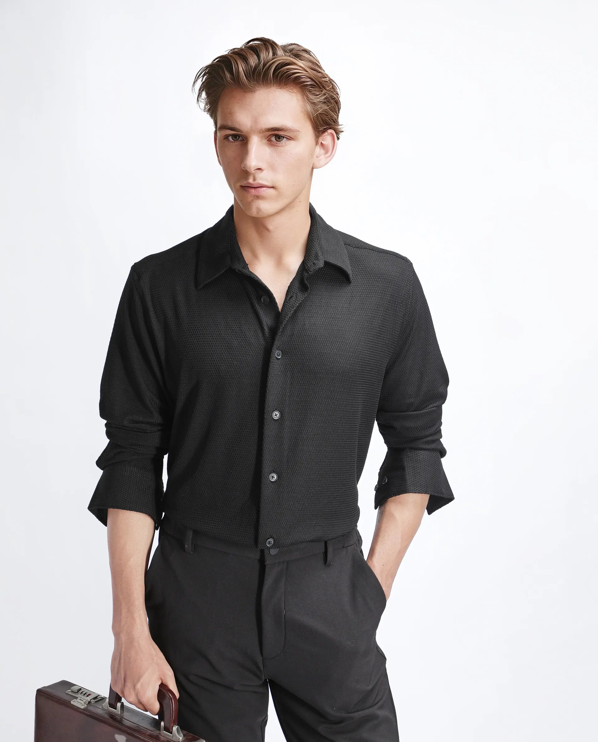 Rare Rabbit Men's Tobbit Black Cotton Textured Regular Fit Full Sleeve Collared Shirt