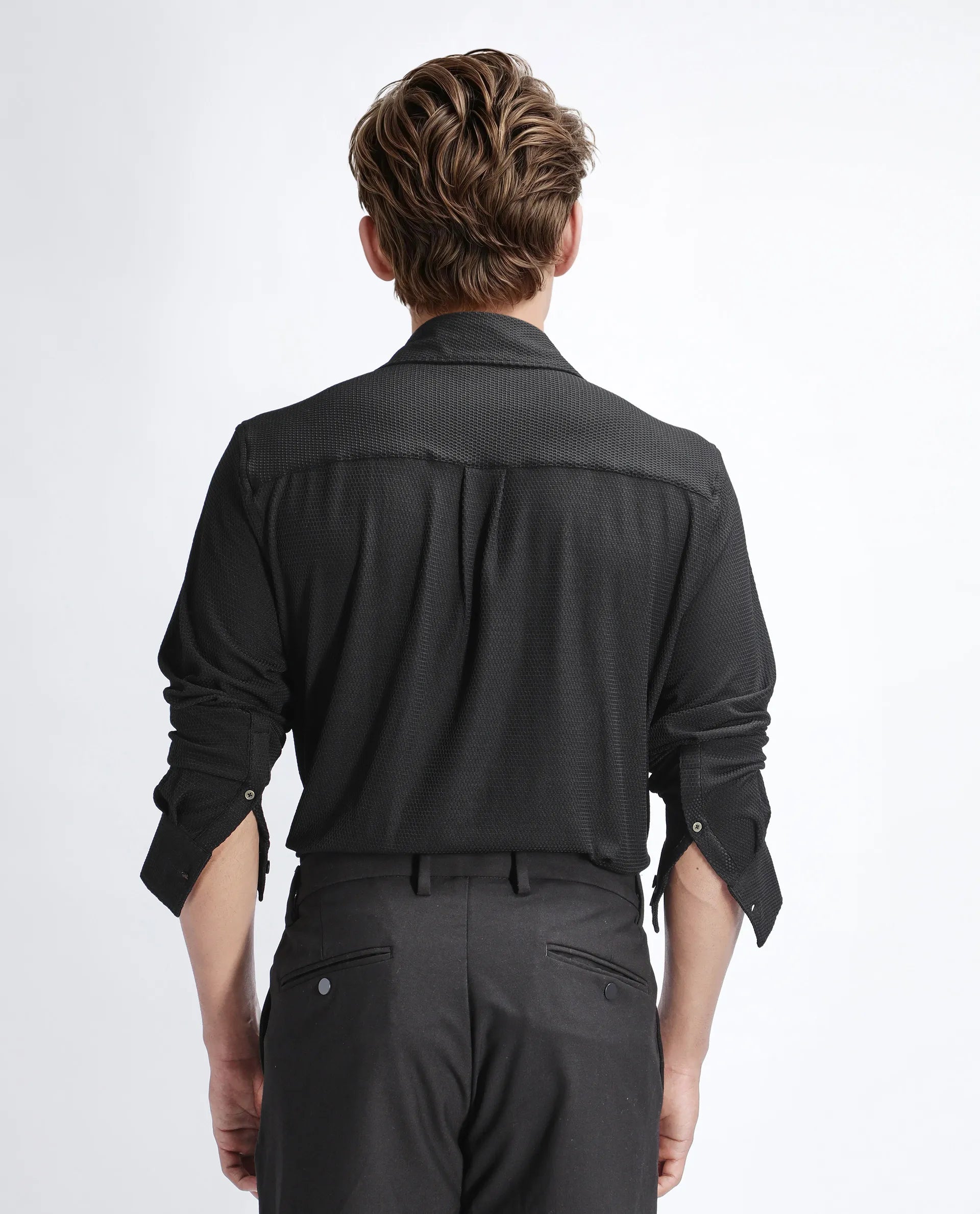 Rare Rabbit Men's Tobbit Black Cotton Textured Regular Fit Full Sleeve Collared Shirt