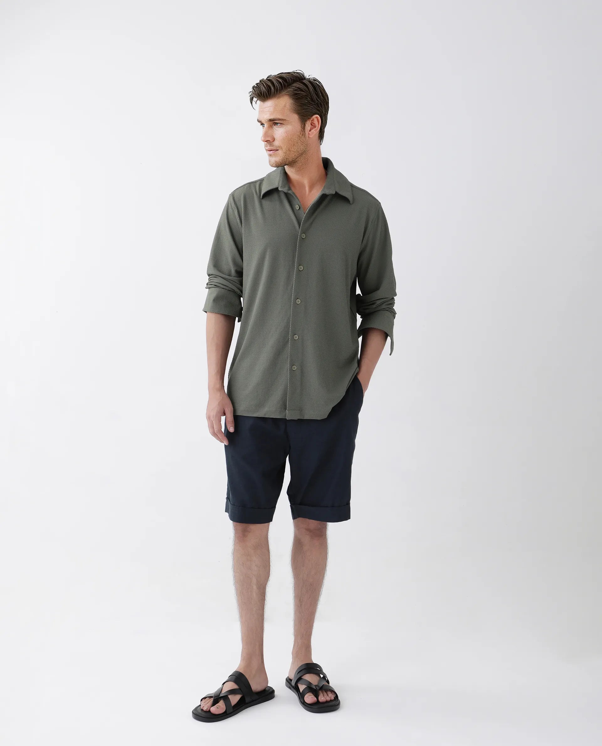 Rare Rabbit Men's Tobbit Olive Cotton Textured Regular Fit Full Sleeve Collared Shirt