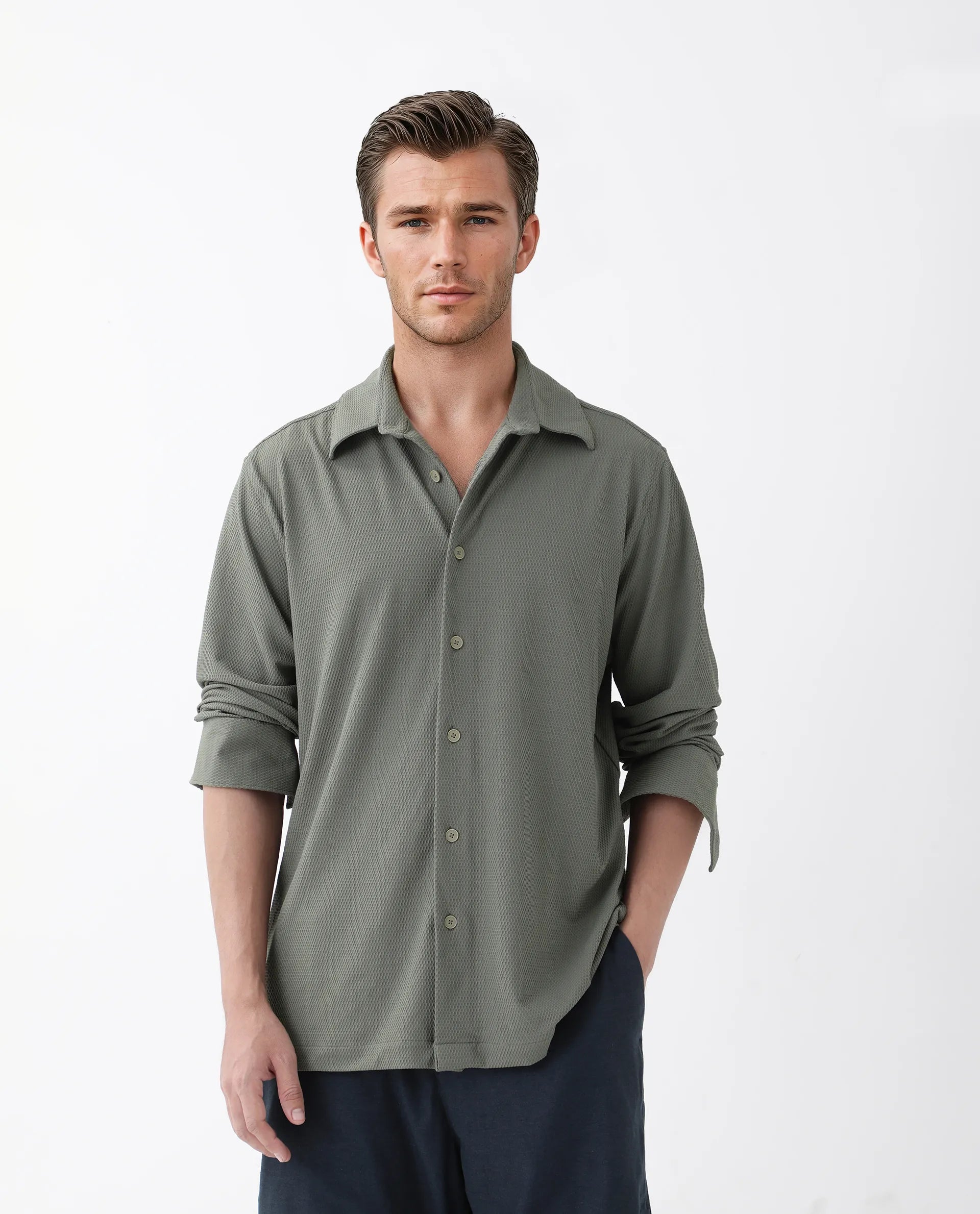 Rare Rabbit Men's Tobbit Olive Cotton Textured Regular Fit Full Sleeve Collared Shirt