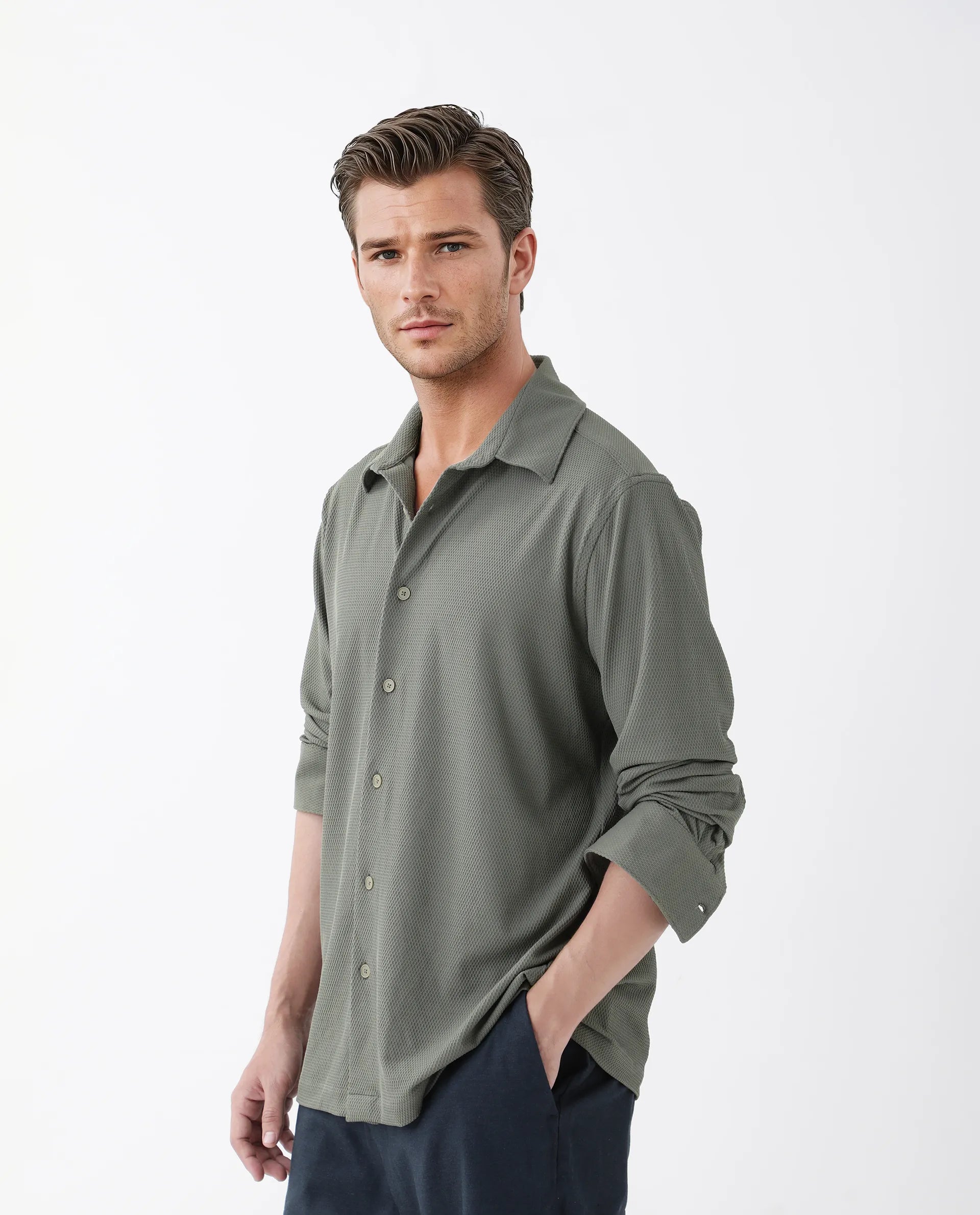 Rare Rabbit Men's Tobbit Olive Cotton Textured Regular Fit Full Sleeve Collared Shirt