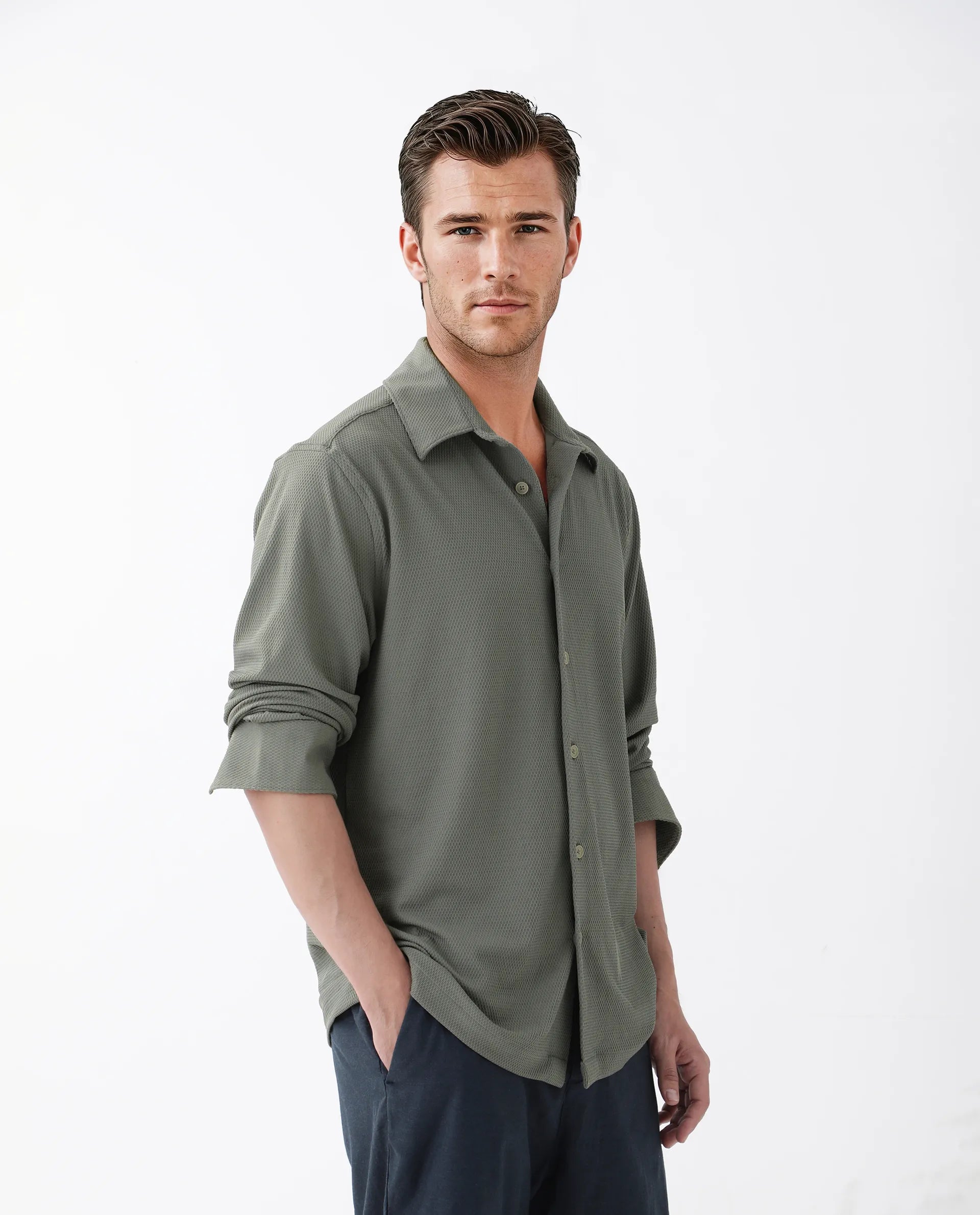 Rare Rabbit Men's Tobbit Olive Cotton Textured Regular Fit Full Sleeve Collared Shirt