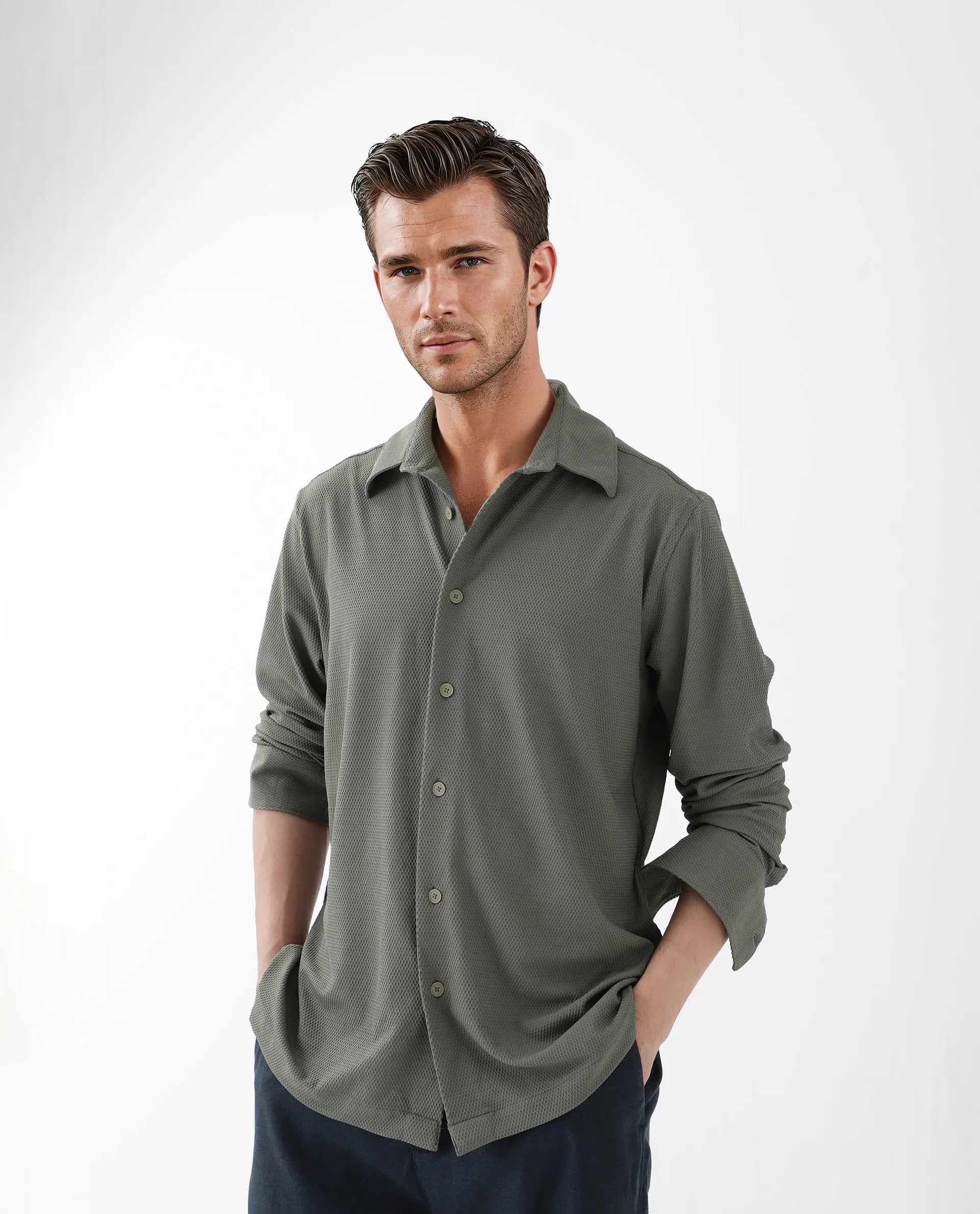 Rare Rabbit Men's Tobbit Olive Cotton Textured Regular Fit Full Sleeve Collared Shirt