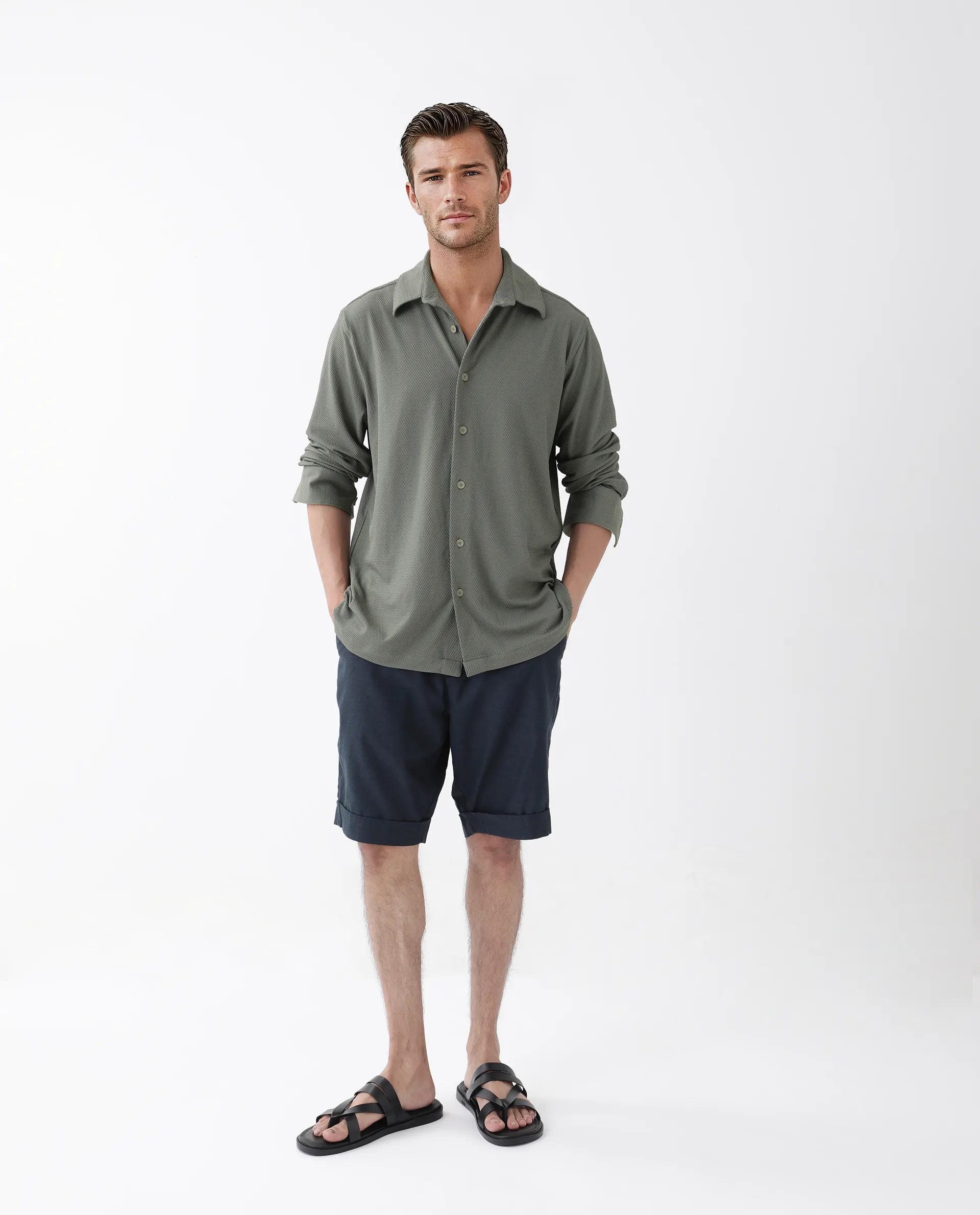 Rare Rabbit Men's Tobbit Olive Cotton Textured Regular Fit Full Sleeve Collared Shirt