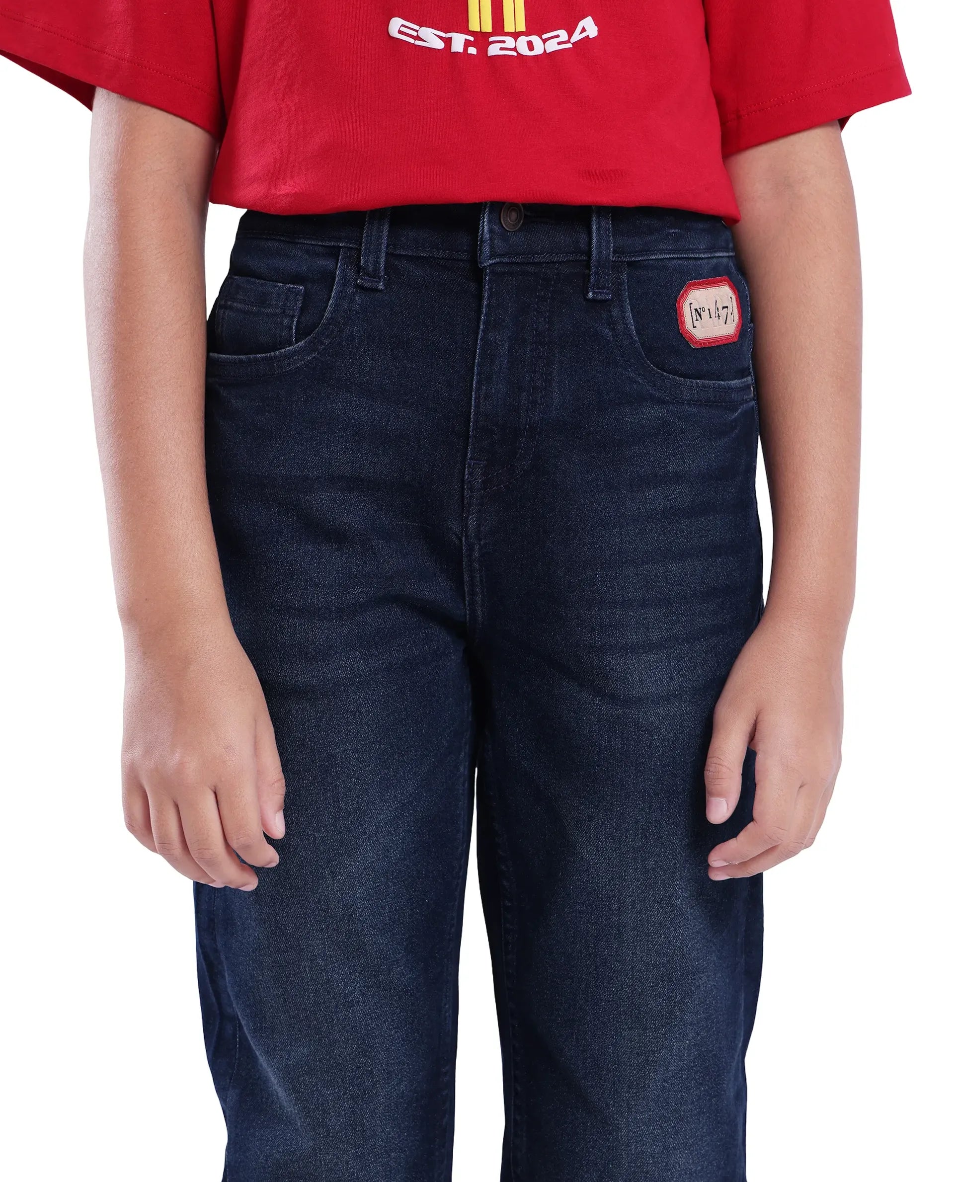 Rare Ones Kids Tobby Dark Blue Cotton Solid Button And Zip Closure Slouchy Fit Jeans