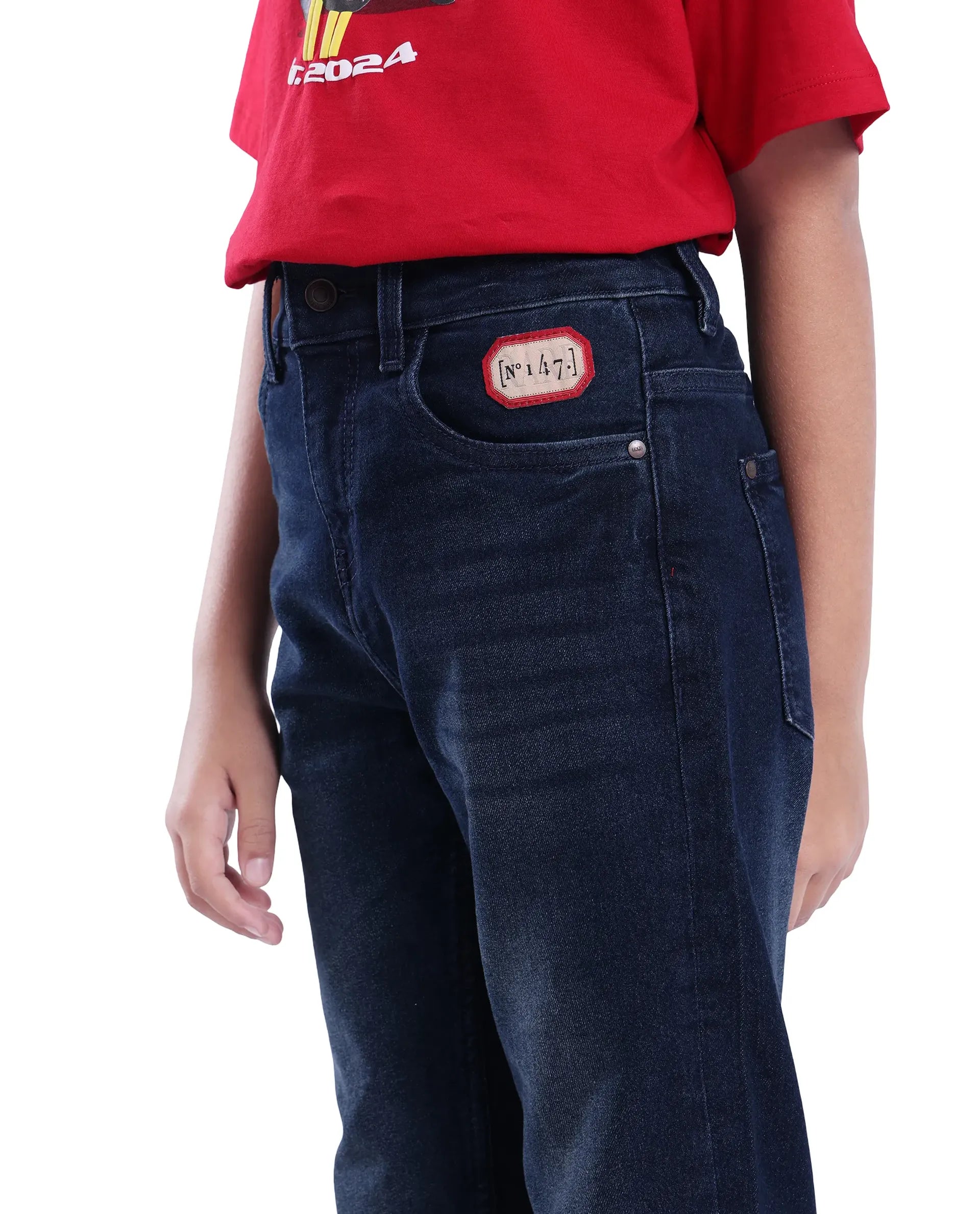 Rare Ones Kids Tobby Dark Blue Cotton Solid Button And Zip Closure Slouchy Fit Jeans