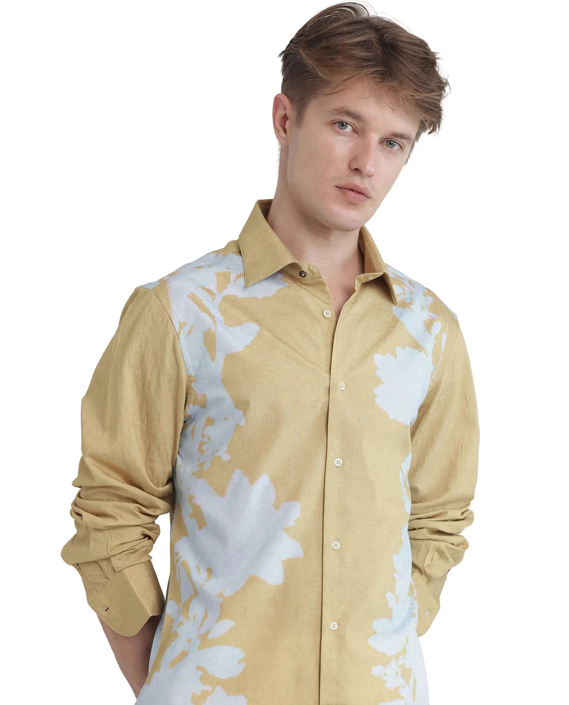 Rare Rabbit Men Tobo Dusky Green Viscose Fabric Full Sleeve Regular Collar Floral Printed Shirt