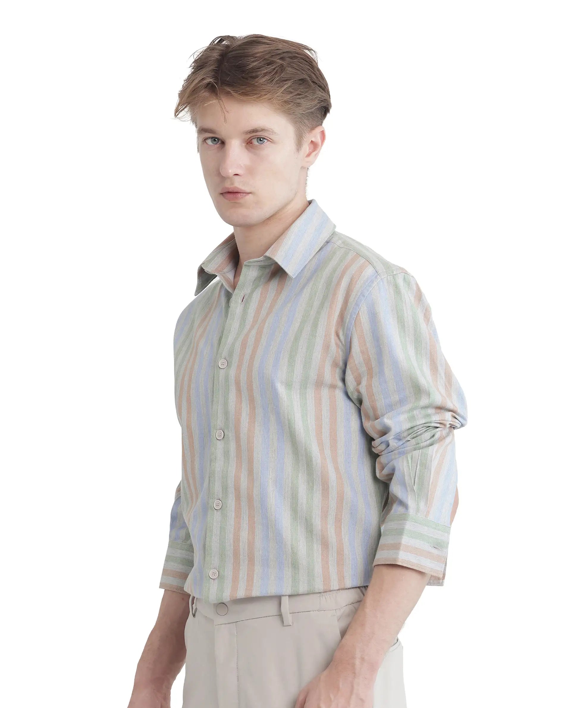 Rare Rabbit Men's Tock Grey Cotton Fabric Full Sleeve Regular Collared Button Closure Multicolor Stripe Shirt