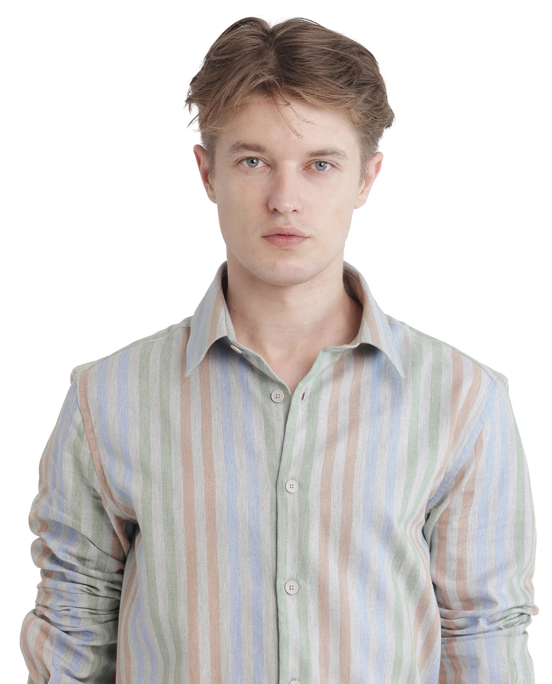 Rare Rabbit Men's Tock Grey Cotton Fabric Full Sleeve Regular Collared Button Closure Multicolor Stripe Shirt