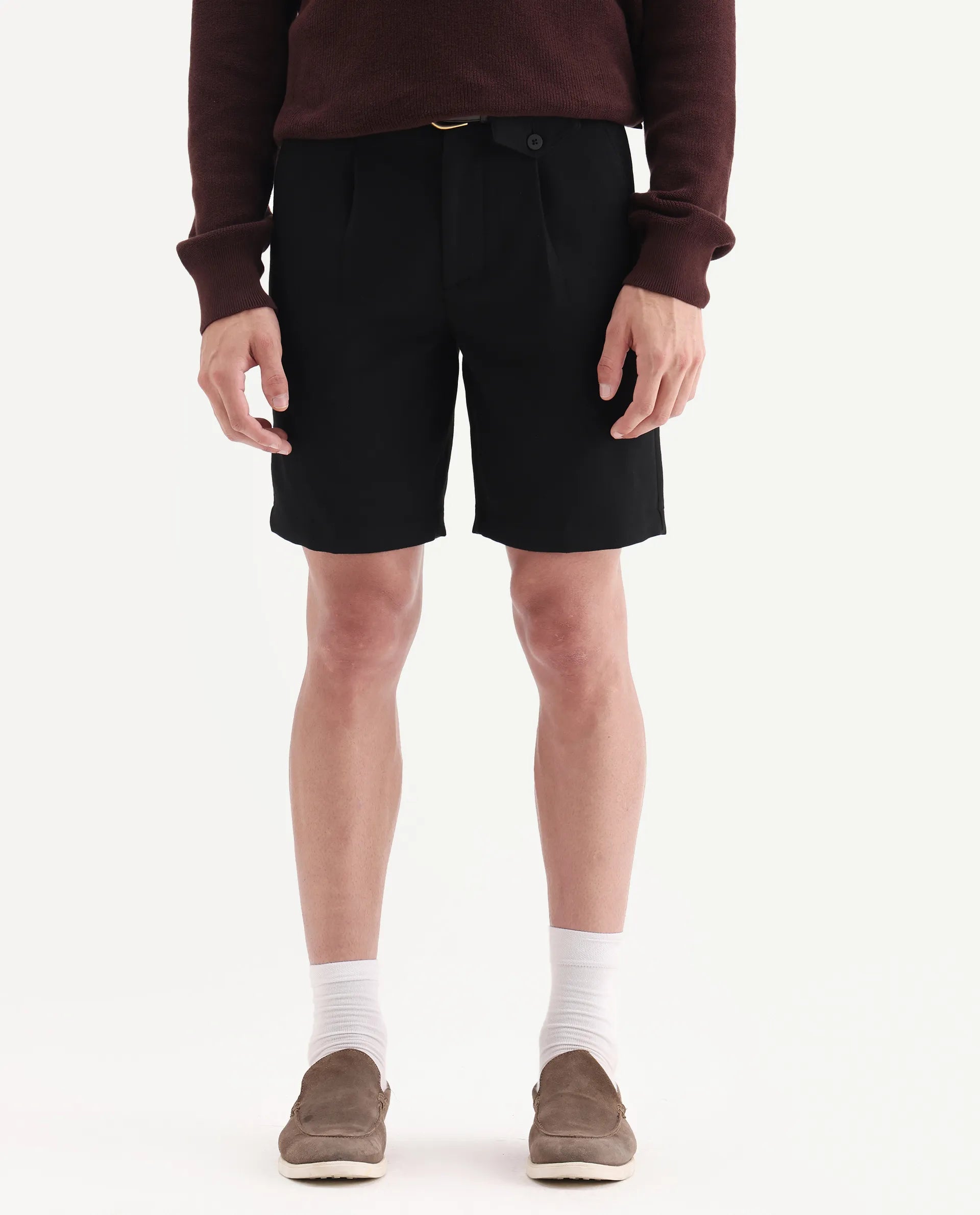 Rare Rabbit Men Tocki Black Polyester Blend Fabric Button Closure Plain Shorts