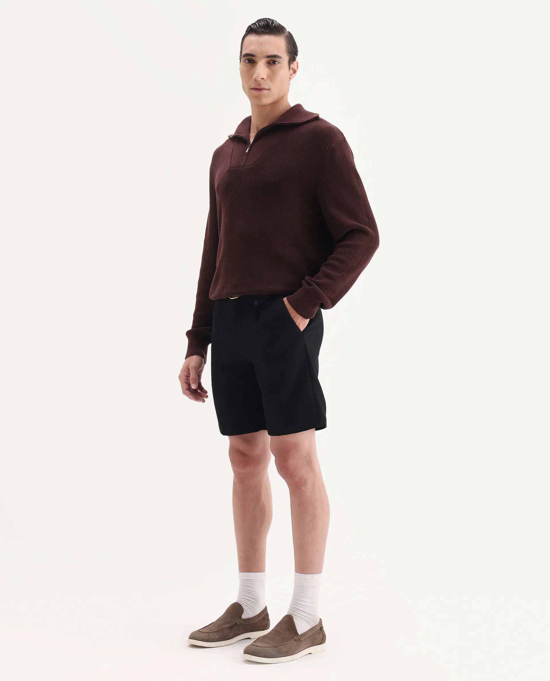 Rare Rabbit Men Tocki Black Polyester Blend Fabric Button Closure Plain Shorts
